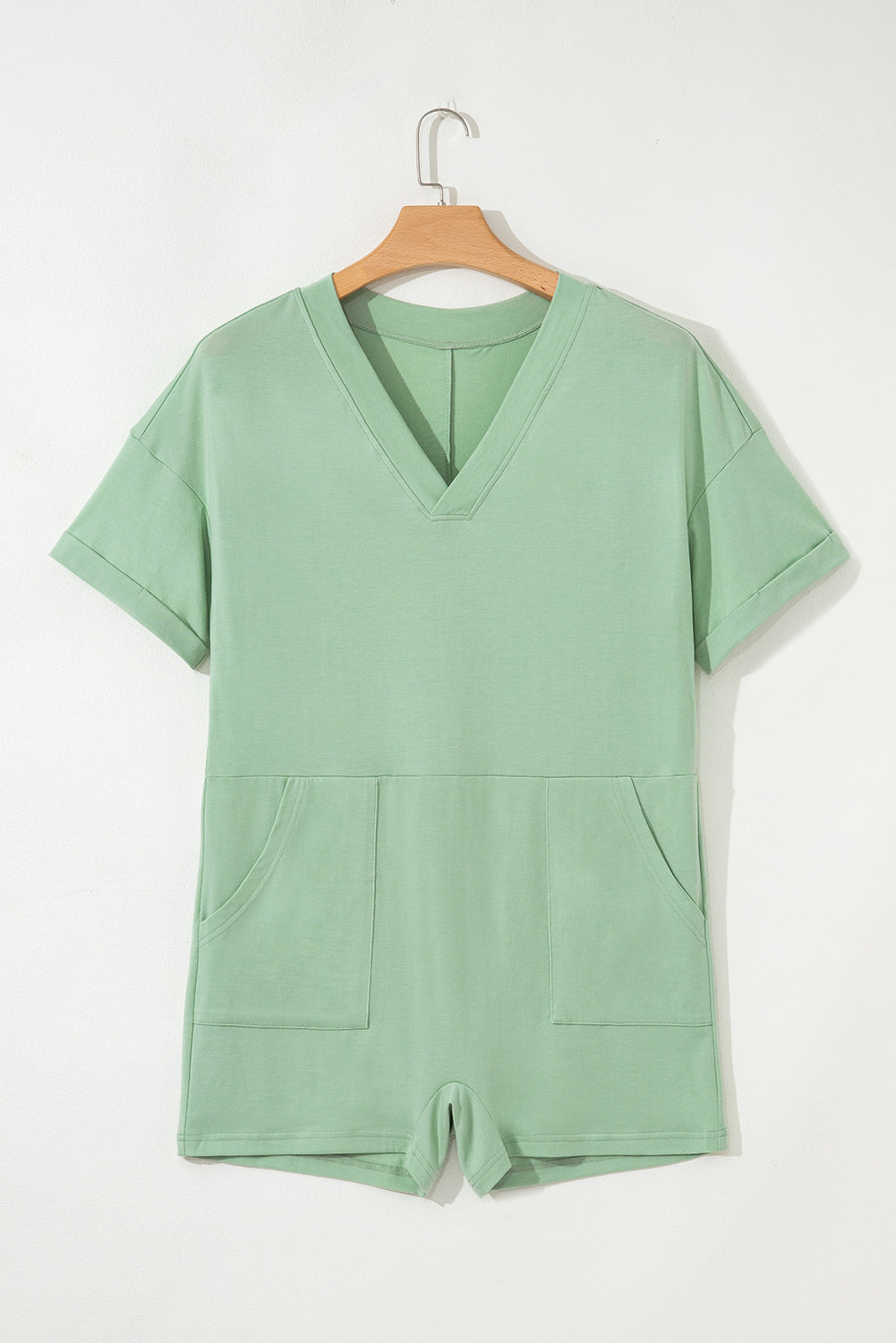 Grass Green Loose Half Sleeve V Neck Knit Romper