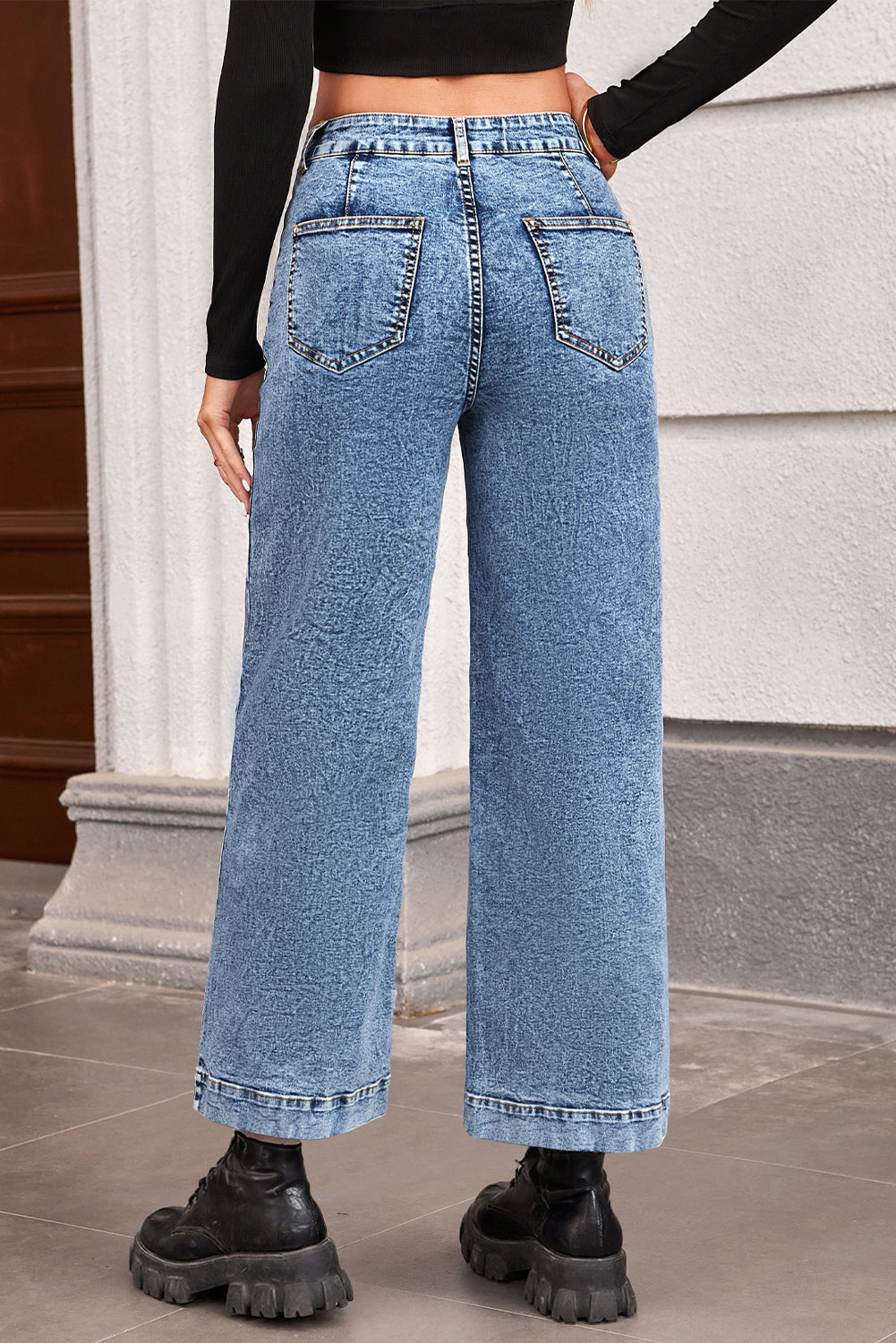 Black Chic Patch Pocket Straight Leg Loose Jeans