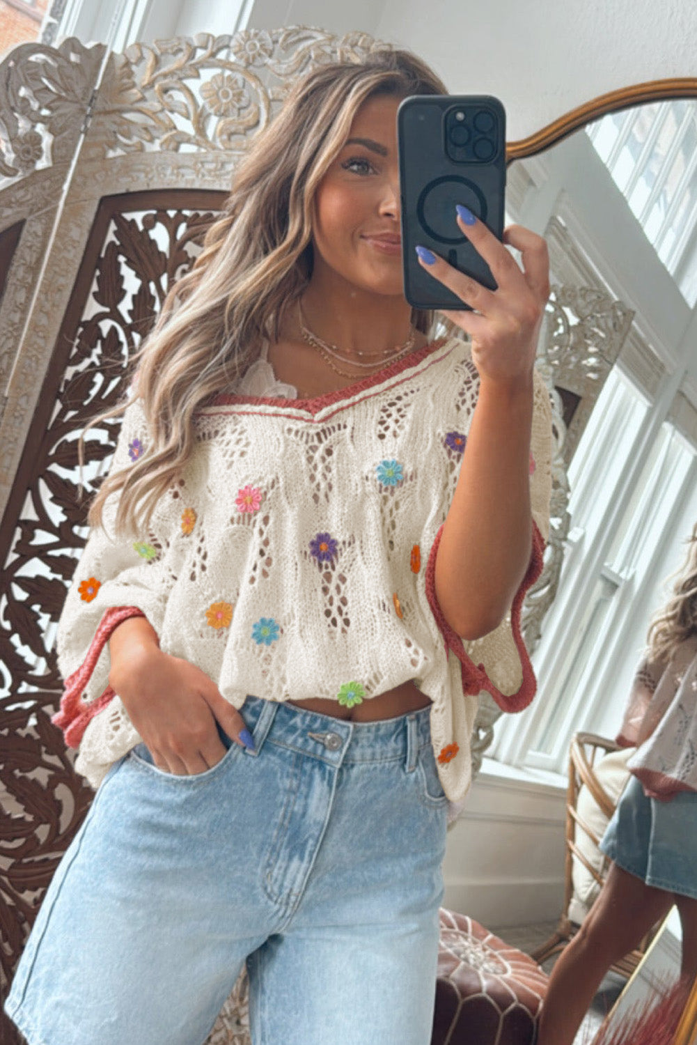 Embroidered Flowers Colorblock Sweater