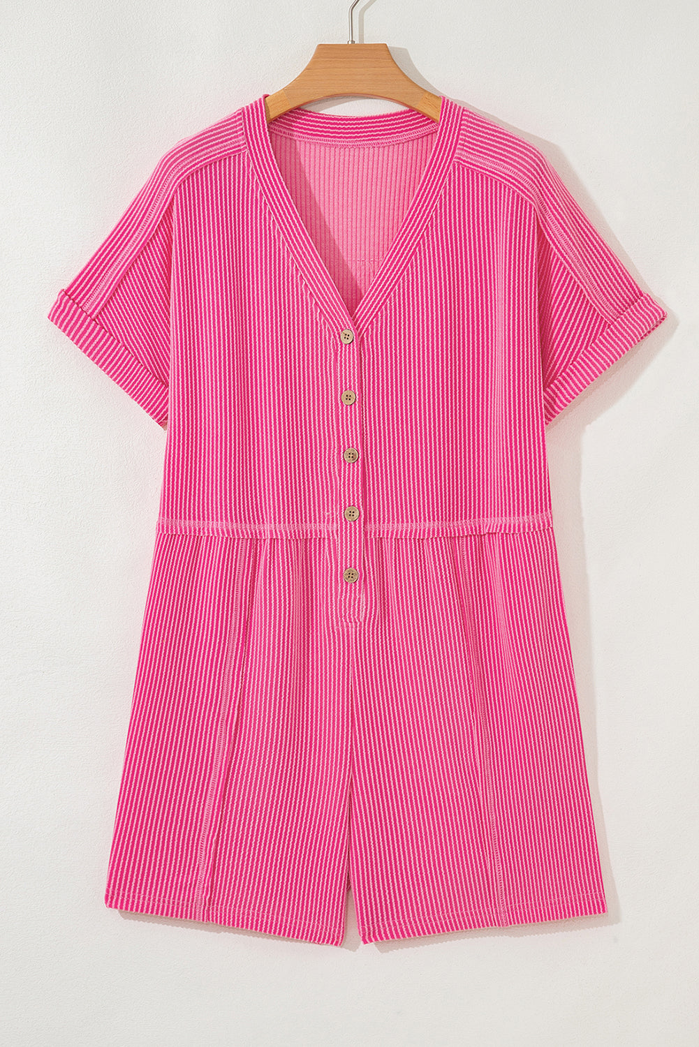Pink Ribbed Short Sleeve V Neck Buttoned Romper