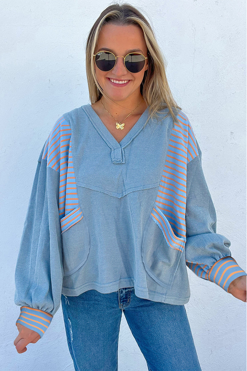 Dusk Blue Waffle Striped Patchwork Pullover