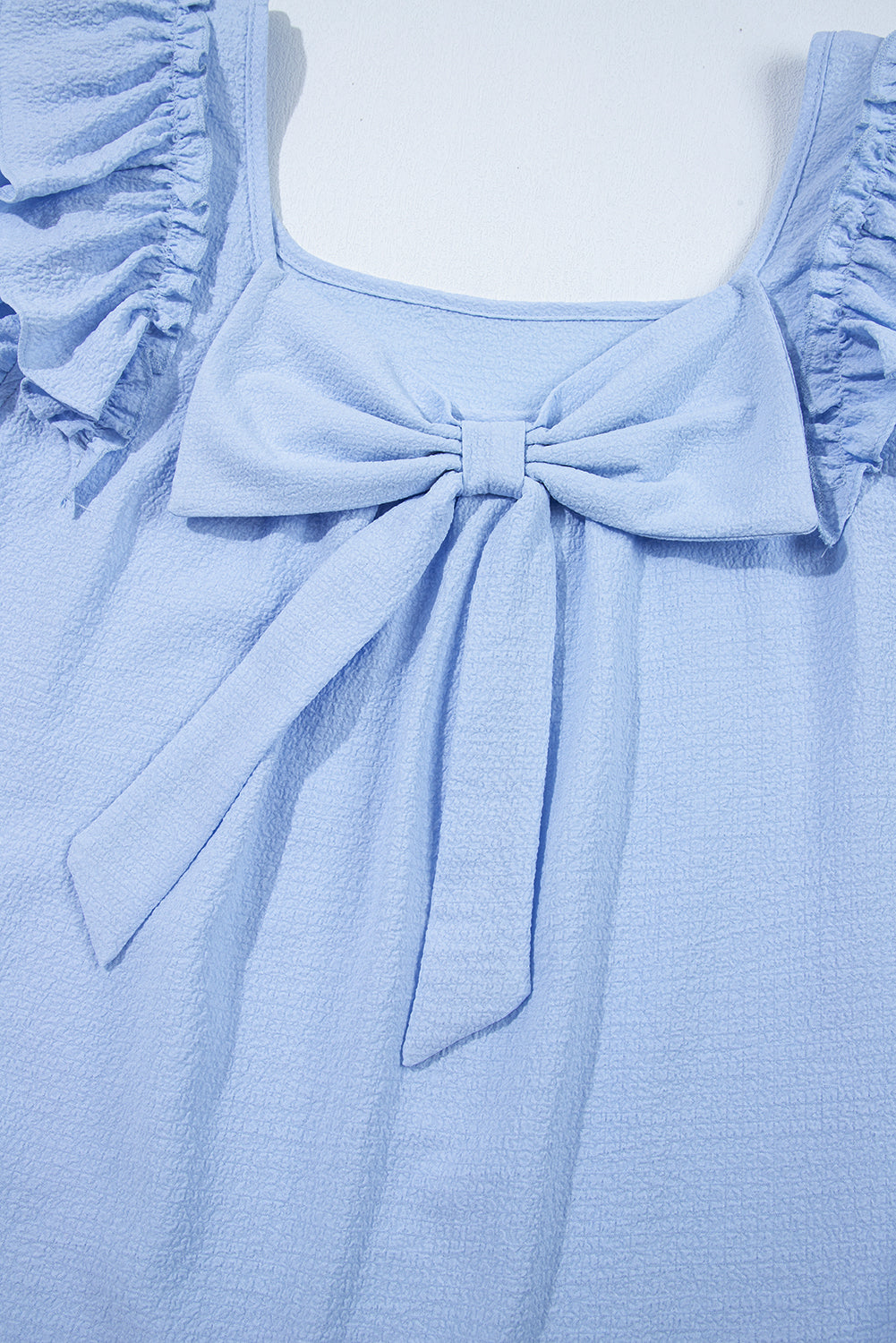 Blue Textured Bow Knot Frilled Butterfly Sleeve Blouse