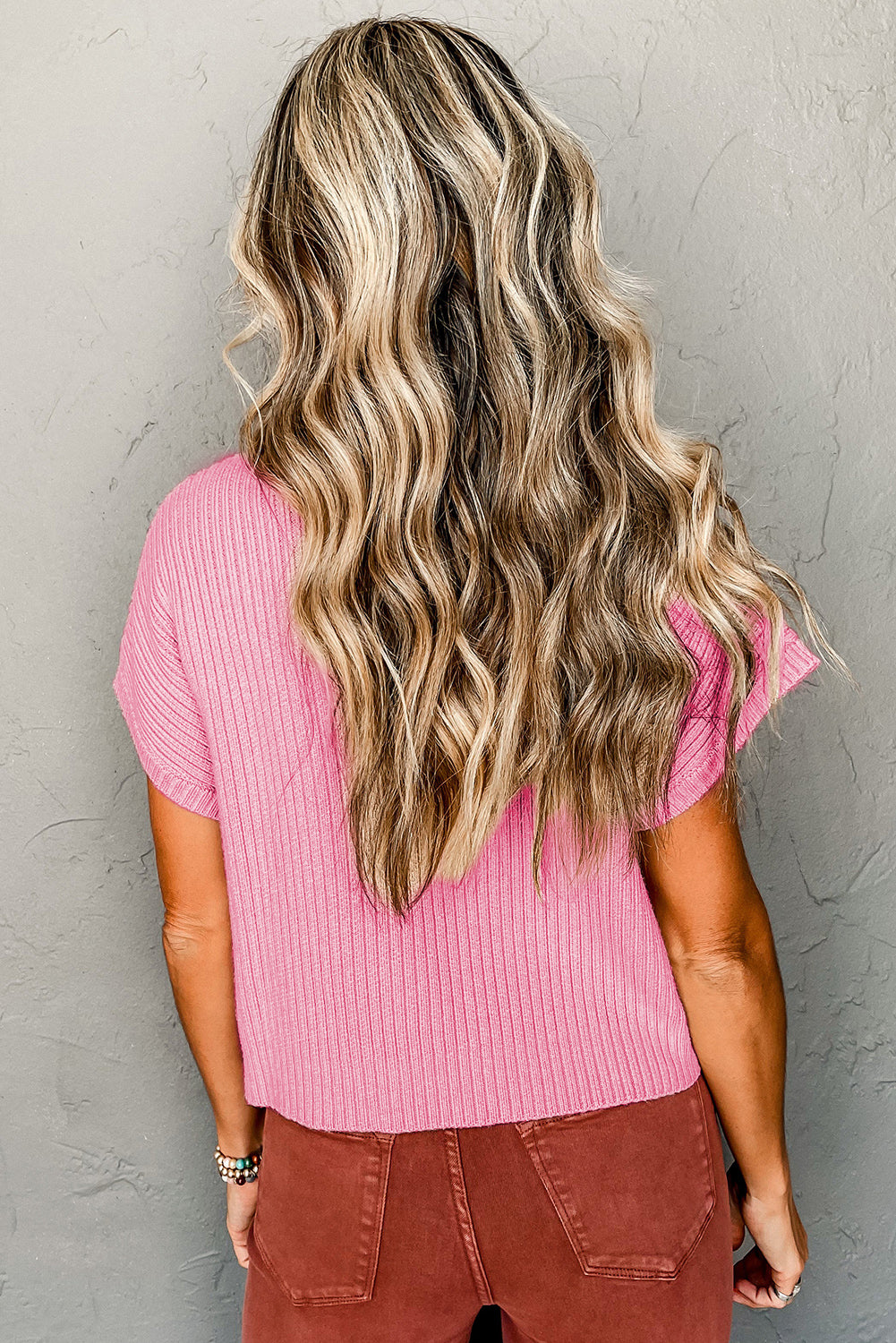 Pink Ribbed Knit Short Sleeve Sweater