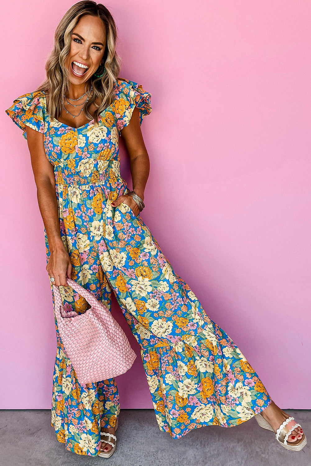 Yellow Floral Shirred Cut Out High Waist Jumpsuit