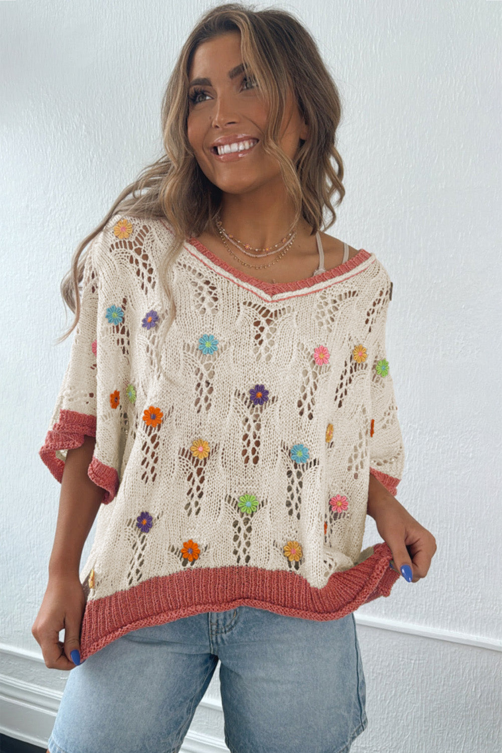 Embroidered Flowers Colorblock Sweater