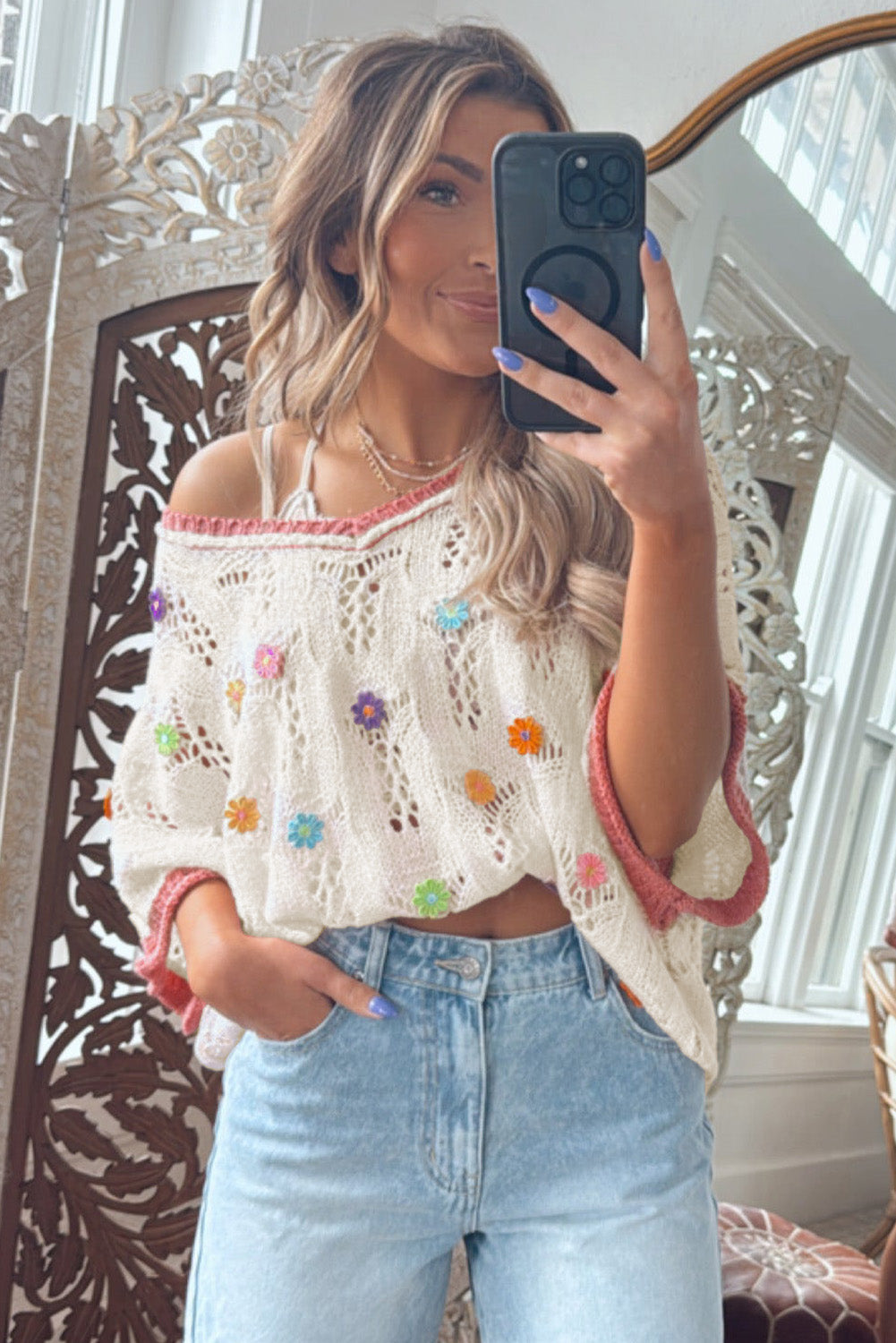 Embroidered Flowers Colorblock Sweater