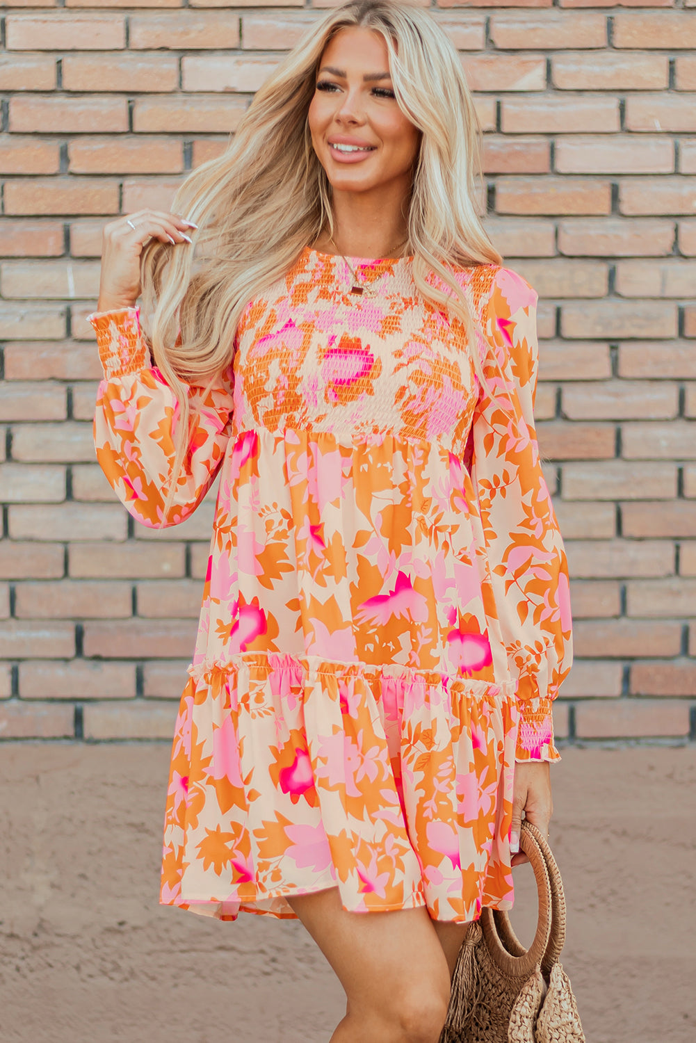 Orange Abstract Print Smocked Mini Dress