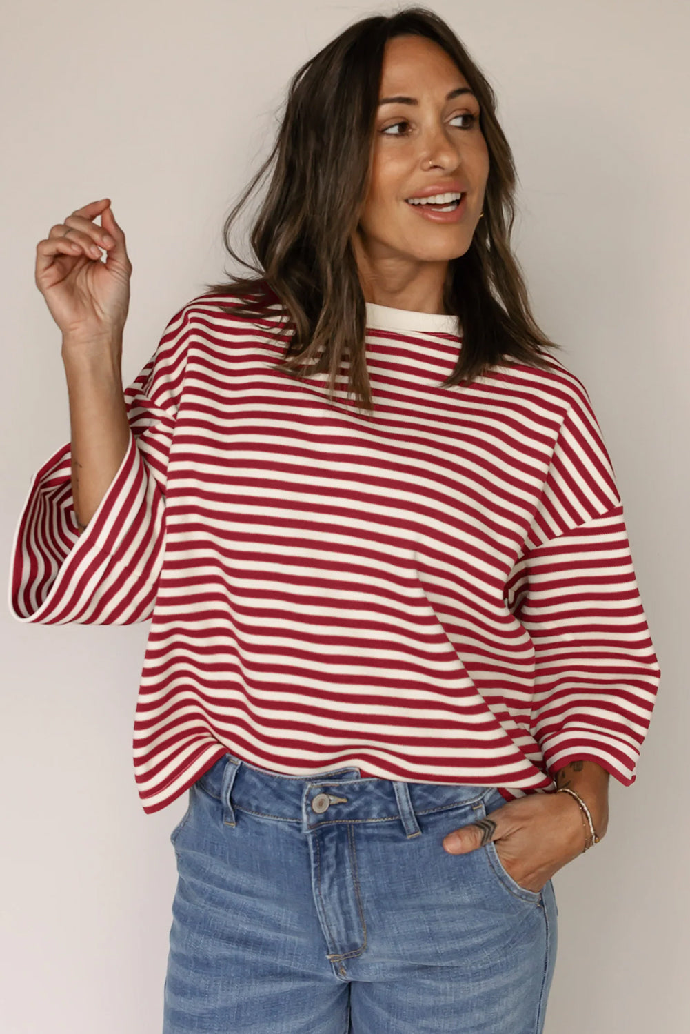 Red Stripe Bowknot Back Loose Tee