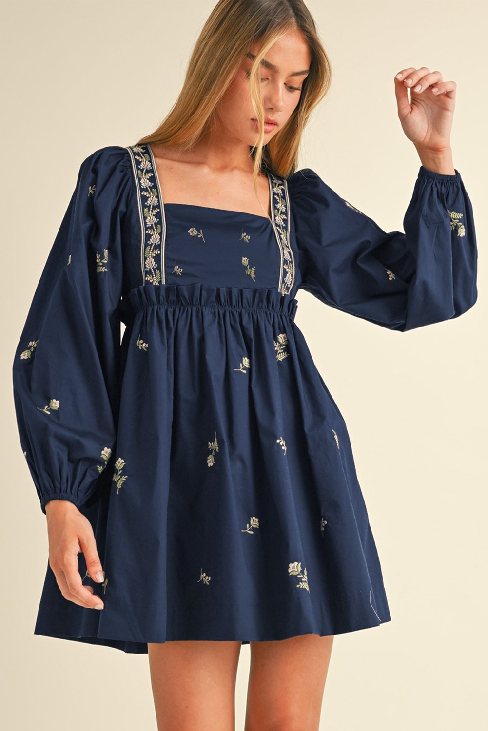 Blue Floral Embroidered Puff Sleeve Ruffled Mini Dress