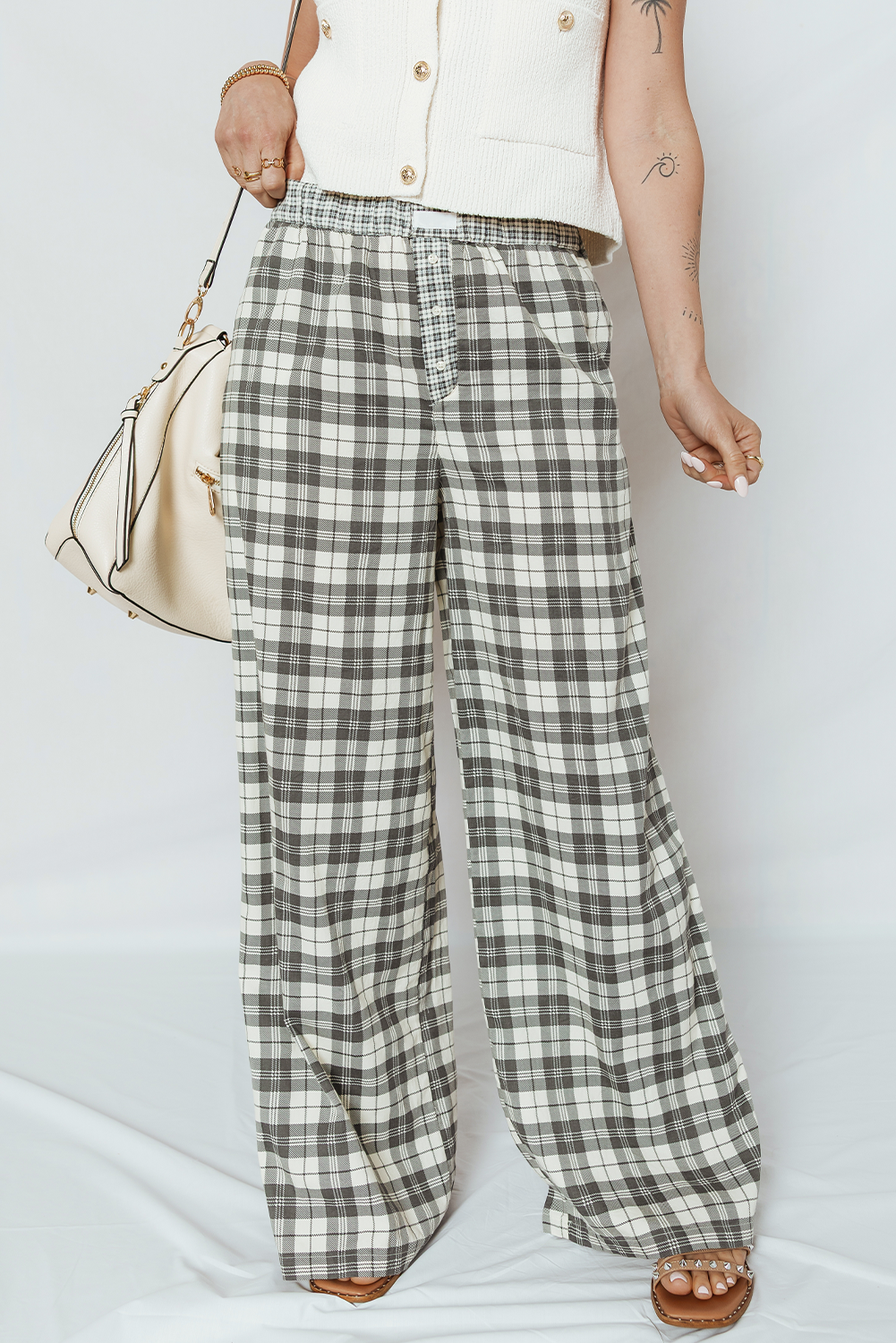 Gray Plaid Wide Leg Pants