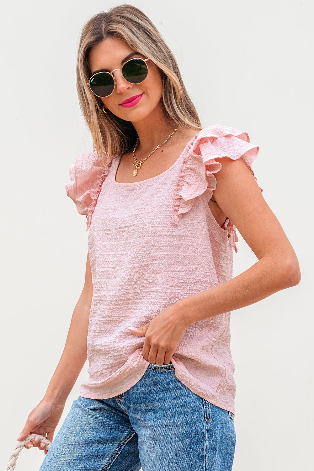 Pink Textured Bow Knot Frilled Butterfly Sleeve Blouse