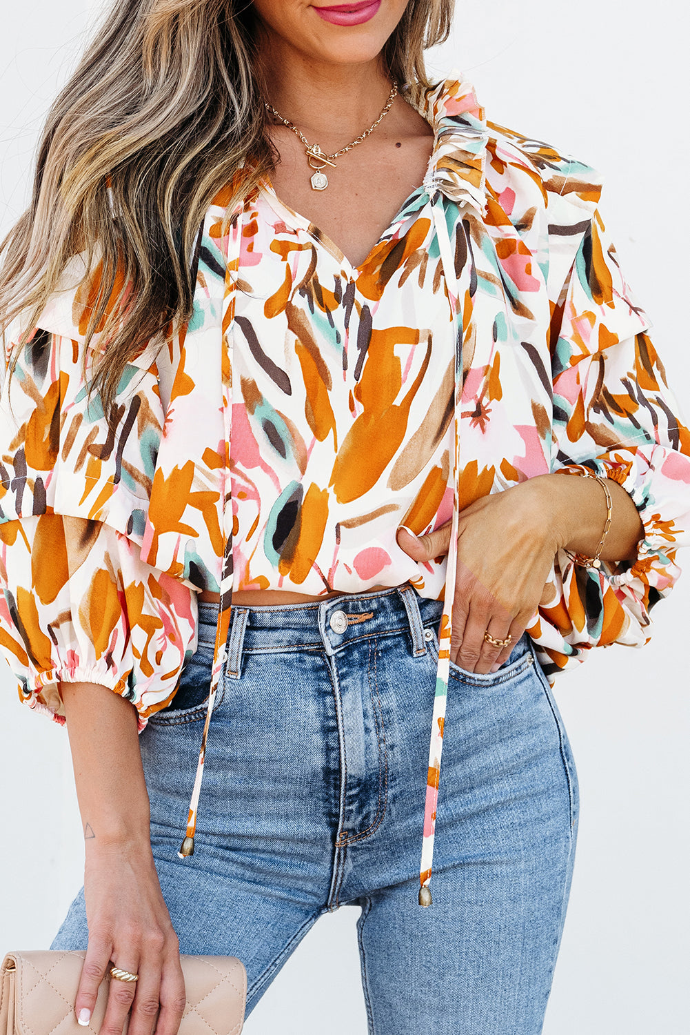 Yellow Abstract Print Drawstring Frilled V Neck Blouse