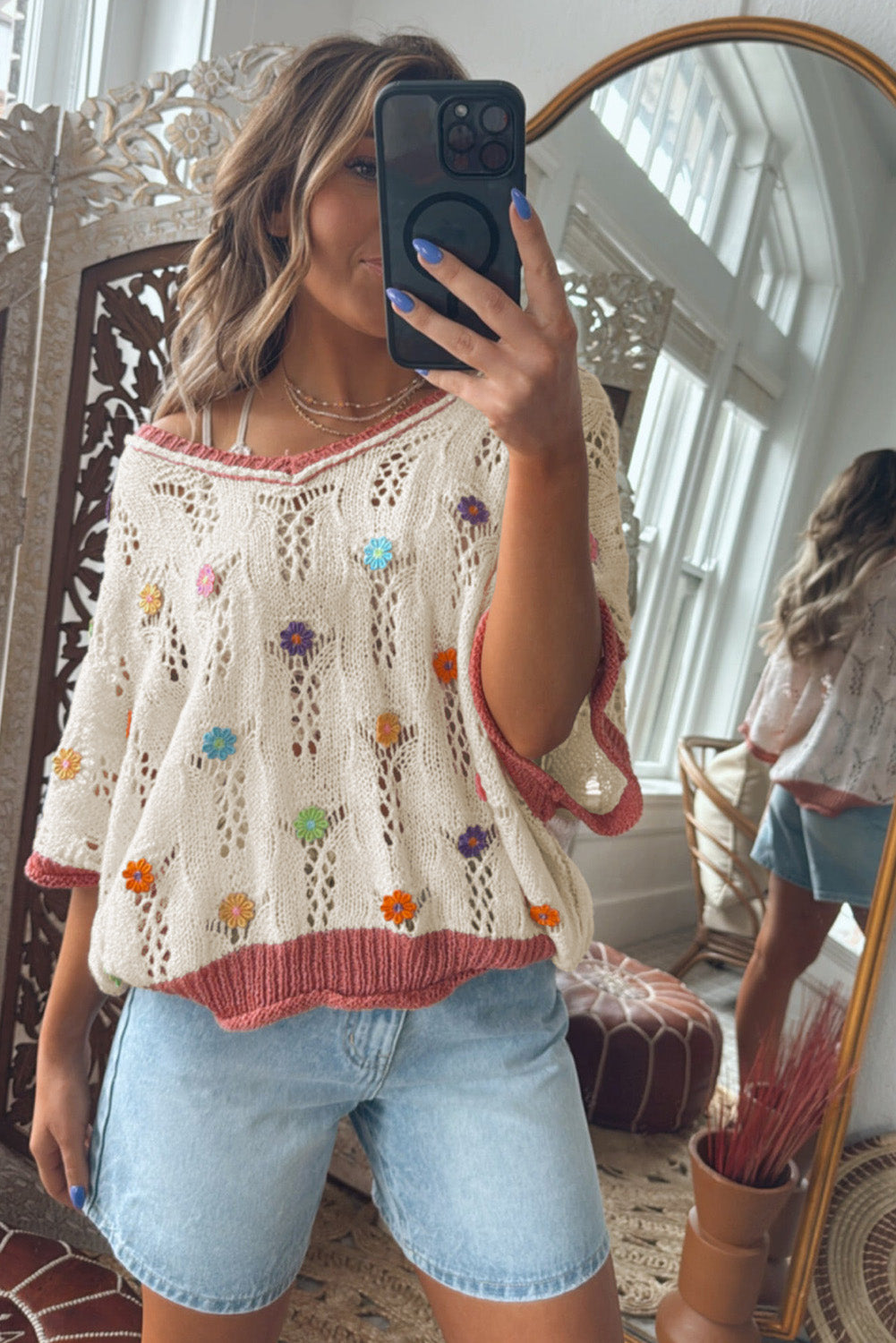 Embroidered Flowers Colorblock Sweater