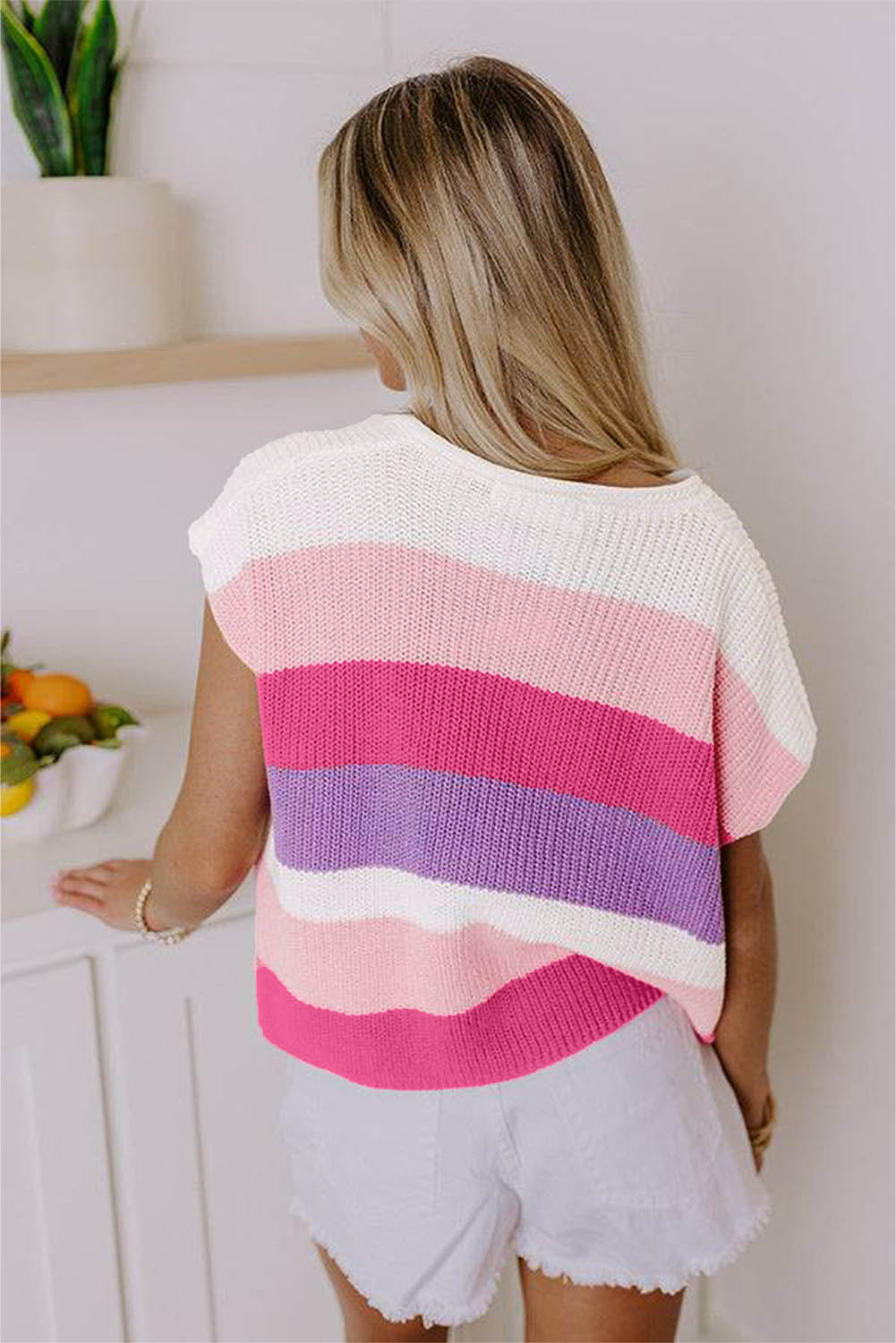 Pink Color Block V Neck Sweater T Shirt