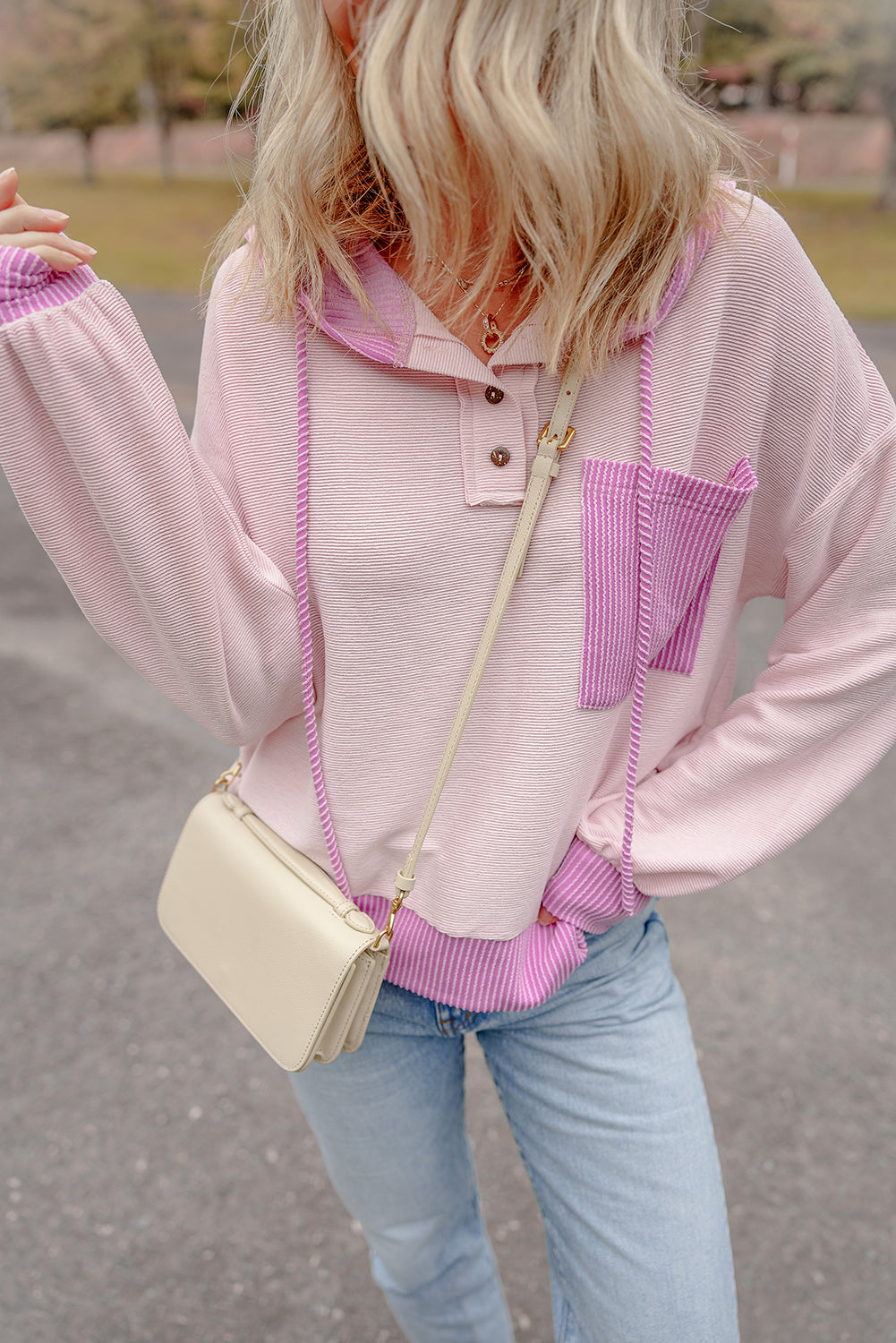 Light Pink Corded Colorblock Hooded Top