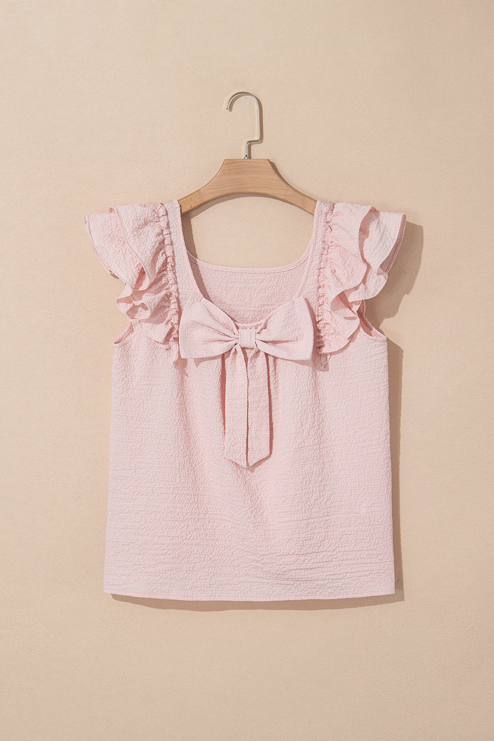 Pink Textured Bow Knot Frilled Butterfly Sleeve Blouse