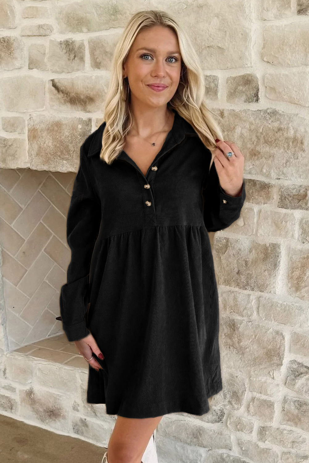 Corduroy Collared Long Sleeve Mini Dress