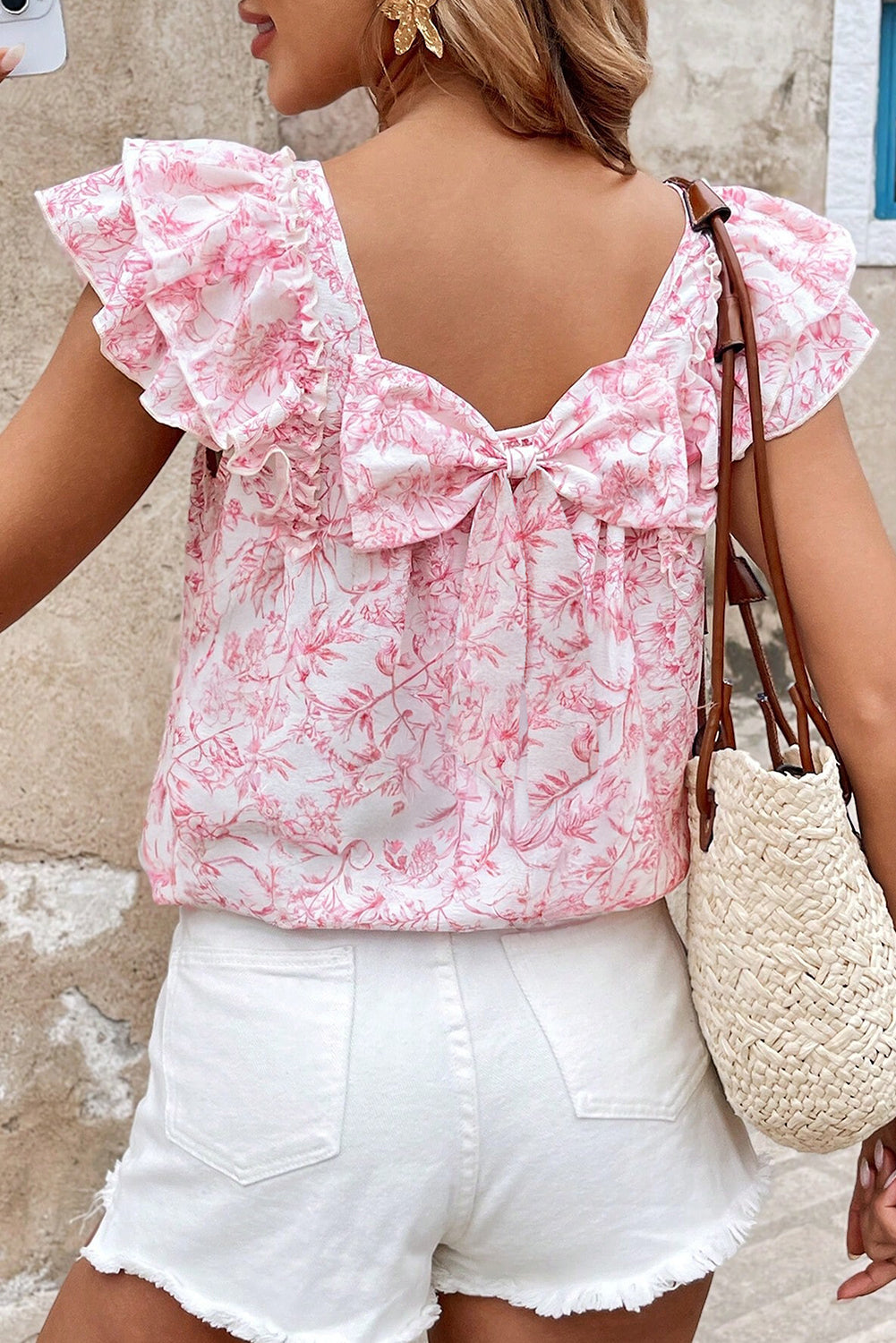 Pink Floral Ruffled Sleeve Bow Blouse