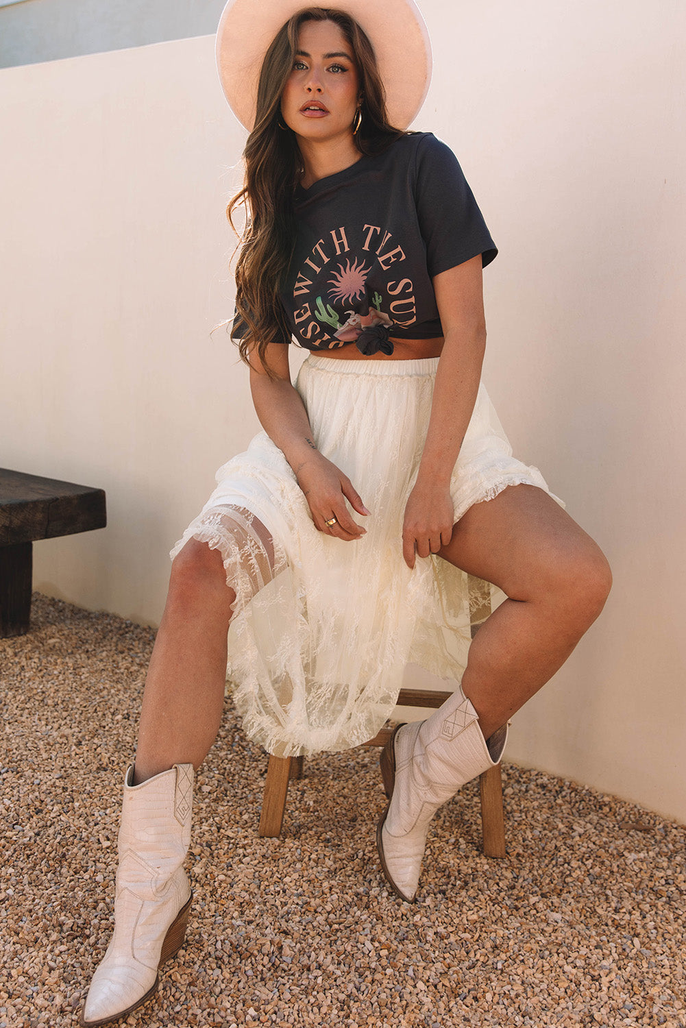 Beige Lace Tiered High Waist Maxi Skirt