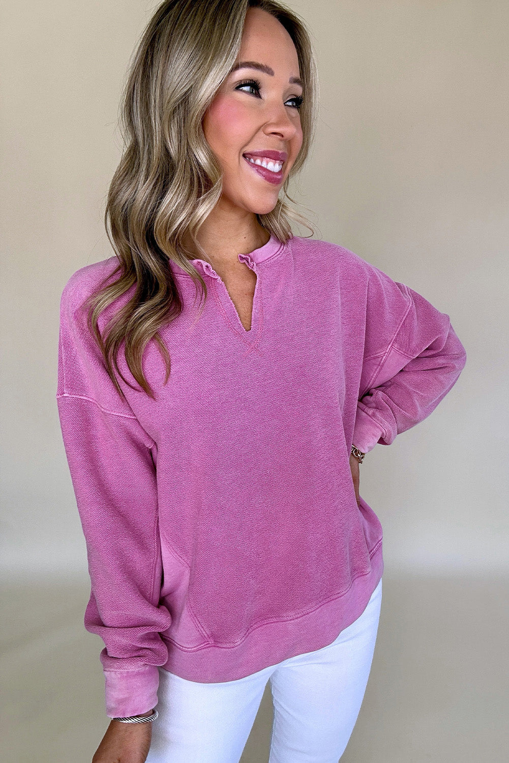 Pink Solid Color Notched Neck Sweatshirt