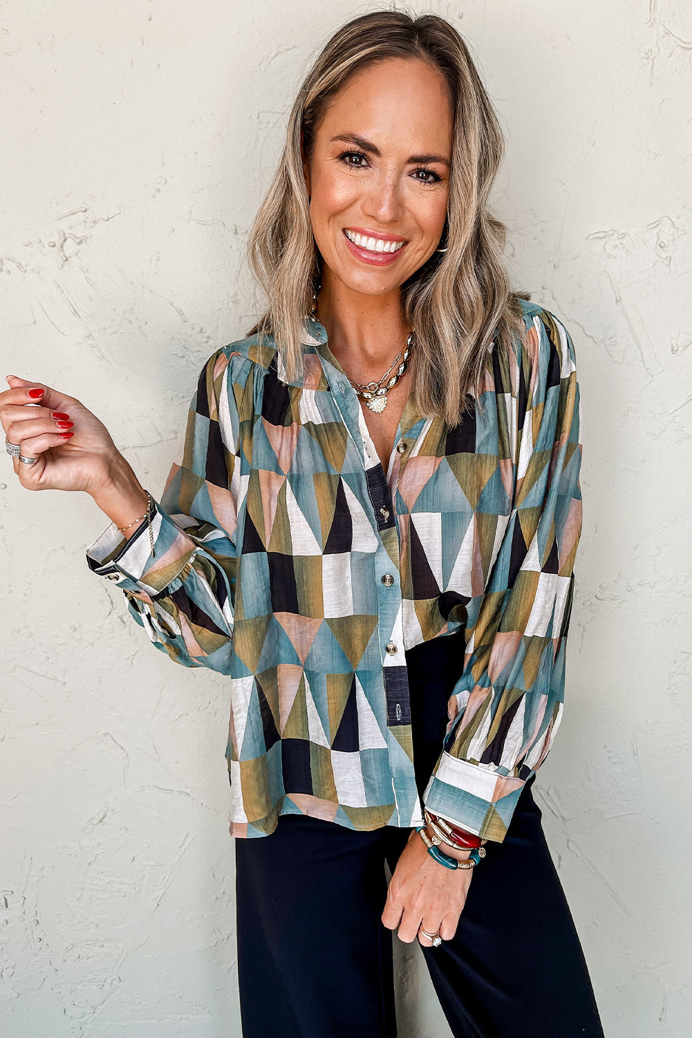 Green Geometric Print Buttoned Balloon Sleeve Blouse