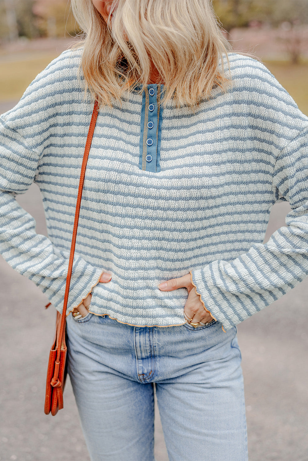 Striped Textured Henley Long Sleeve Top