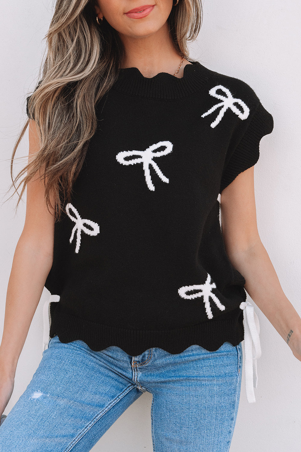 Black Bow Print Scalloped Hem Sweater T Shirt