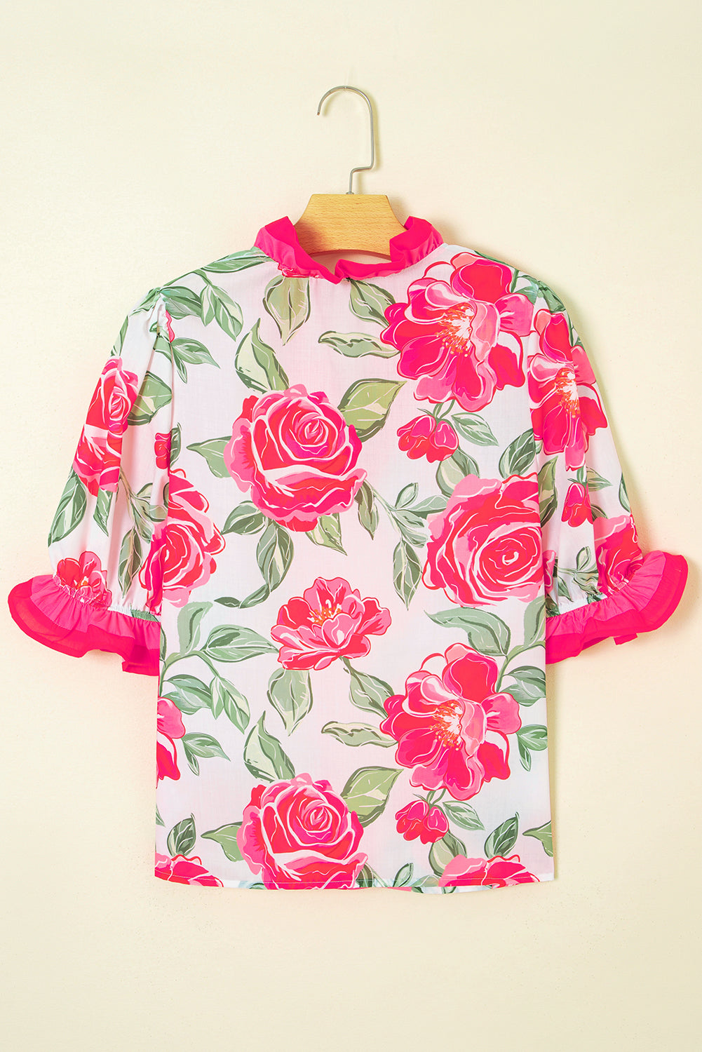 Rose Floral Frilled V Neck Short Sleeve Blouse