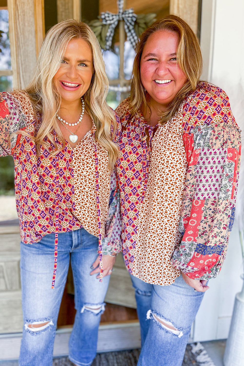 Floral Printed Long Sleeve Tied V Neck Blouse