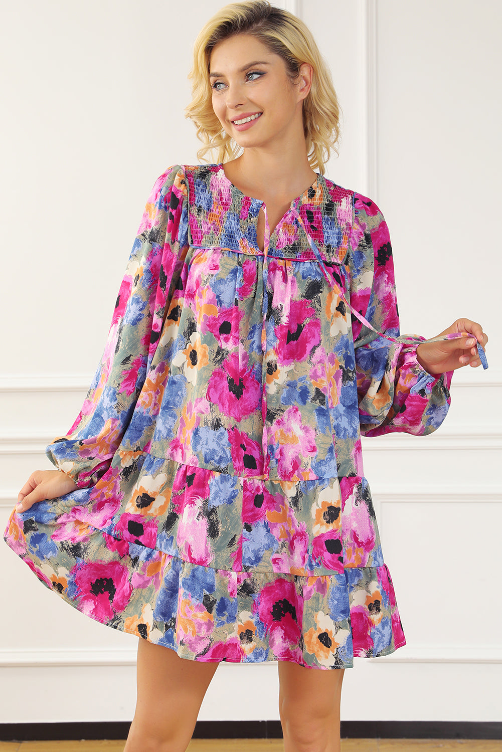 Floral Tie Neck Bubble Sleeve Shift Dress