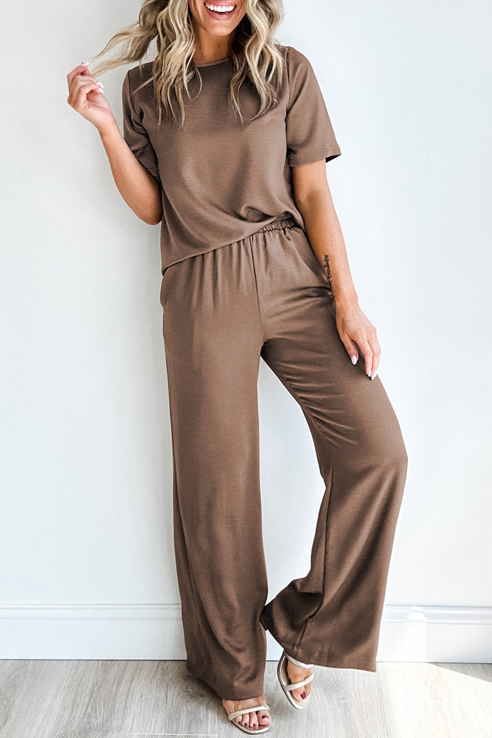 Smoke Gray Solid Color T Shirt Wide Leg Pants Set