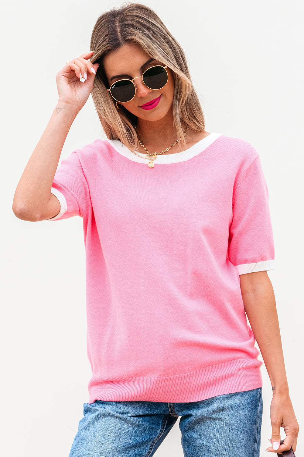 Colorblock Bow V-Shape Cut Short Sleeve Sweater