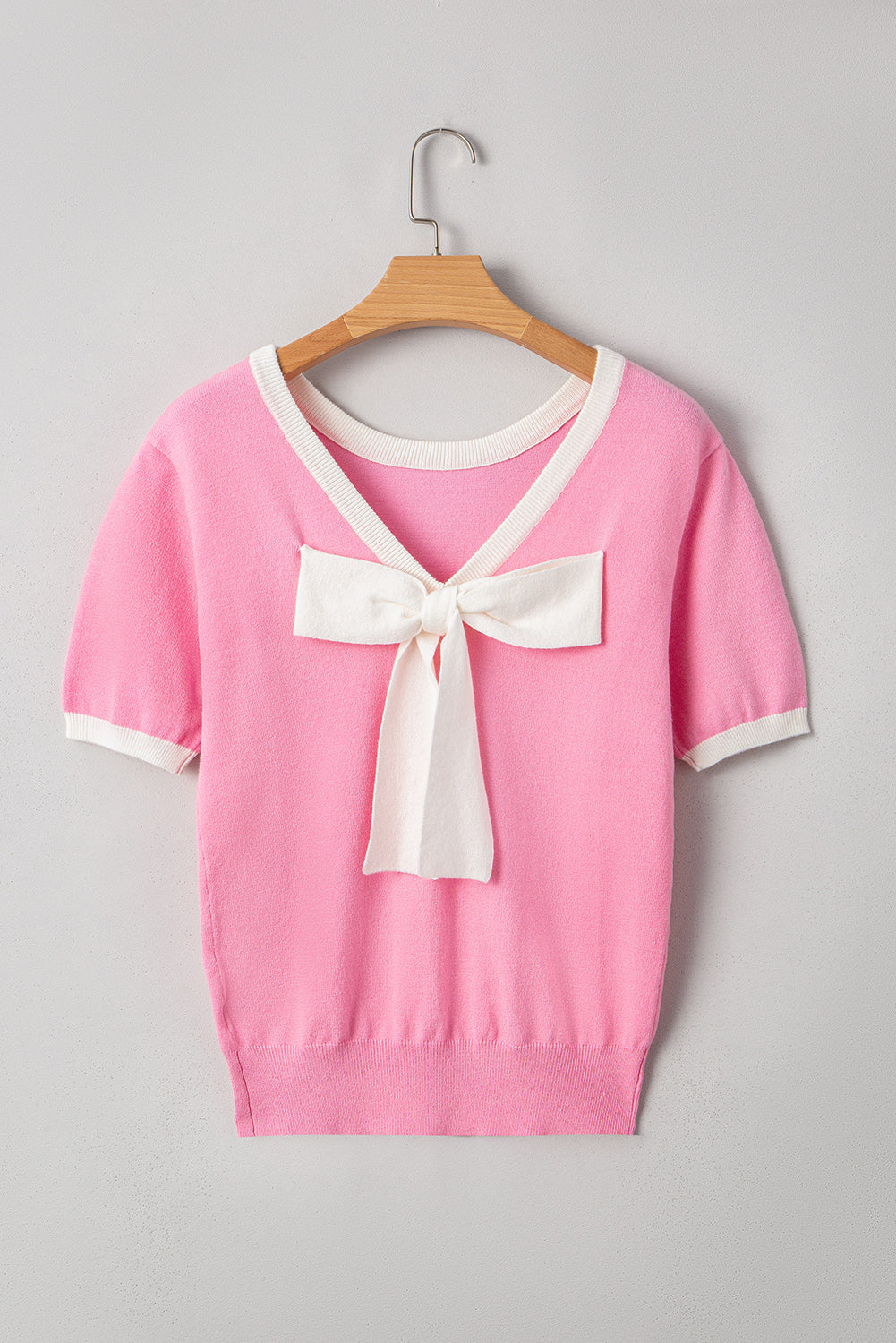Colorblock Bow V-Shape Cut Short Sleeve Sweater