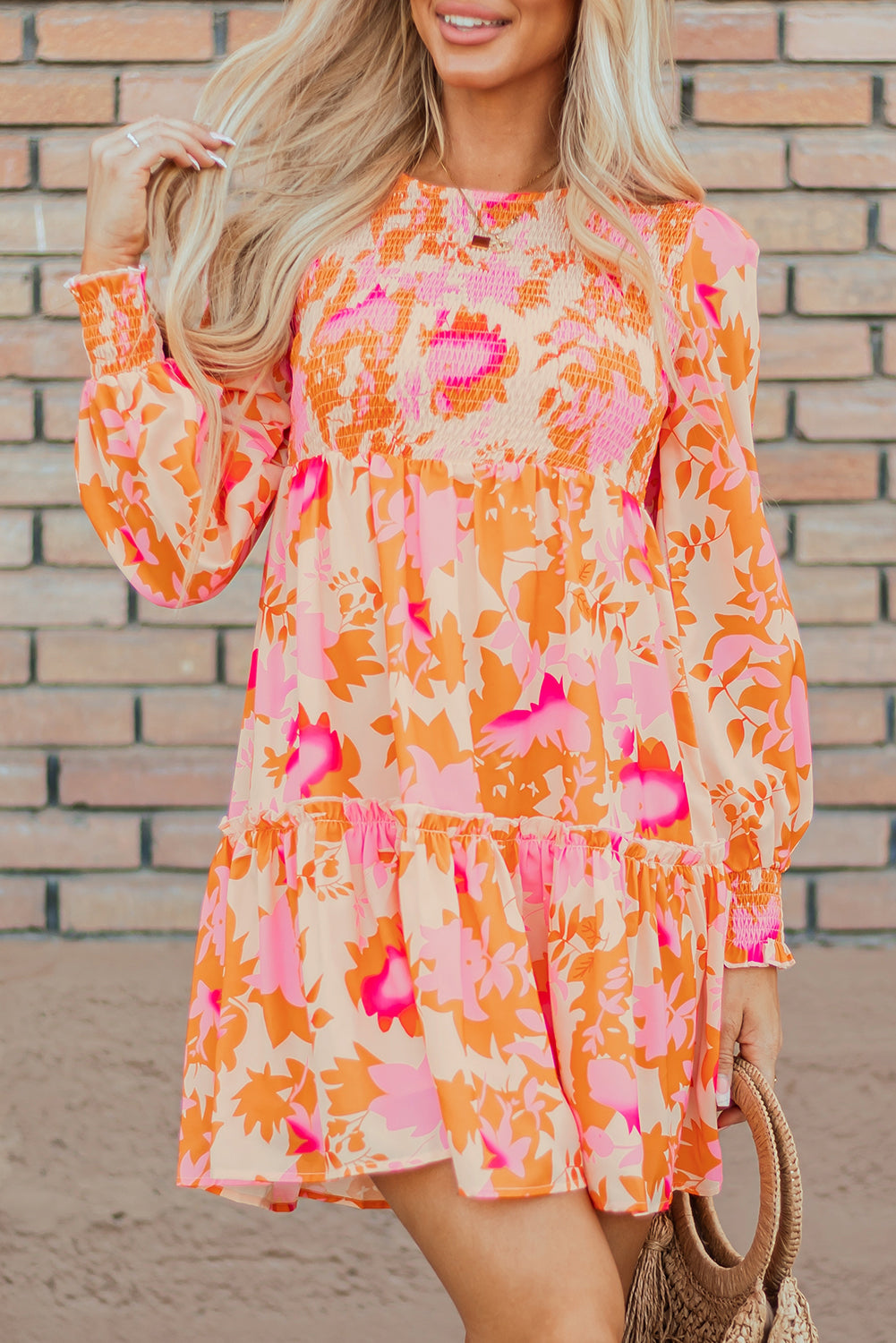 Orange Abstract Print Smocked Mini Dress