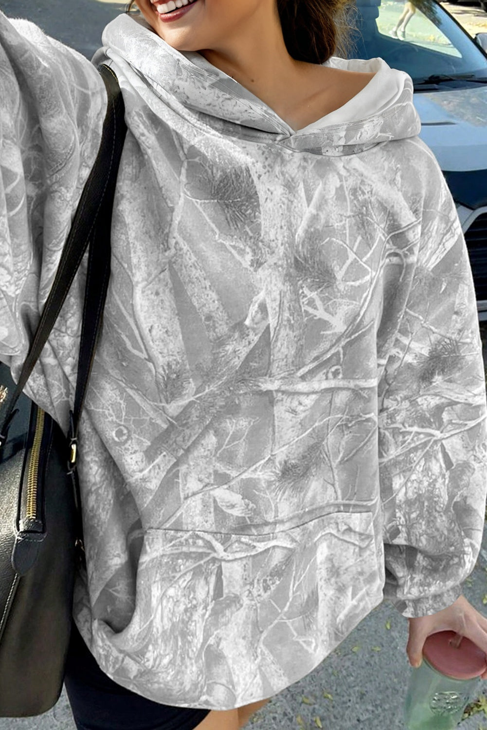 Gray Camouflage Woodland Print Oversized Sporty Hoodie