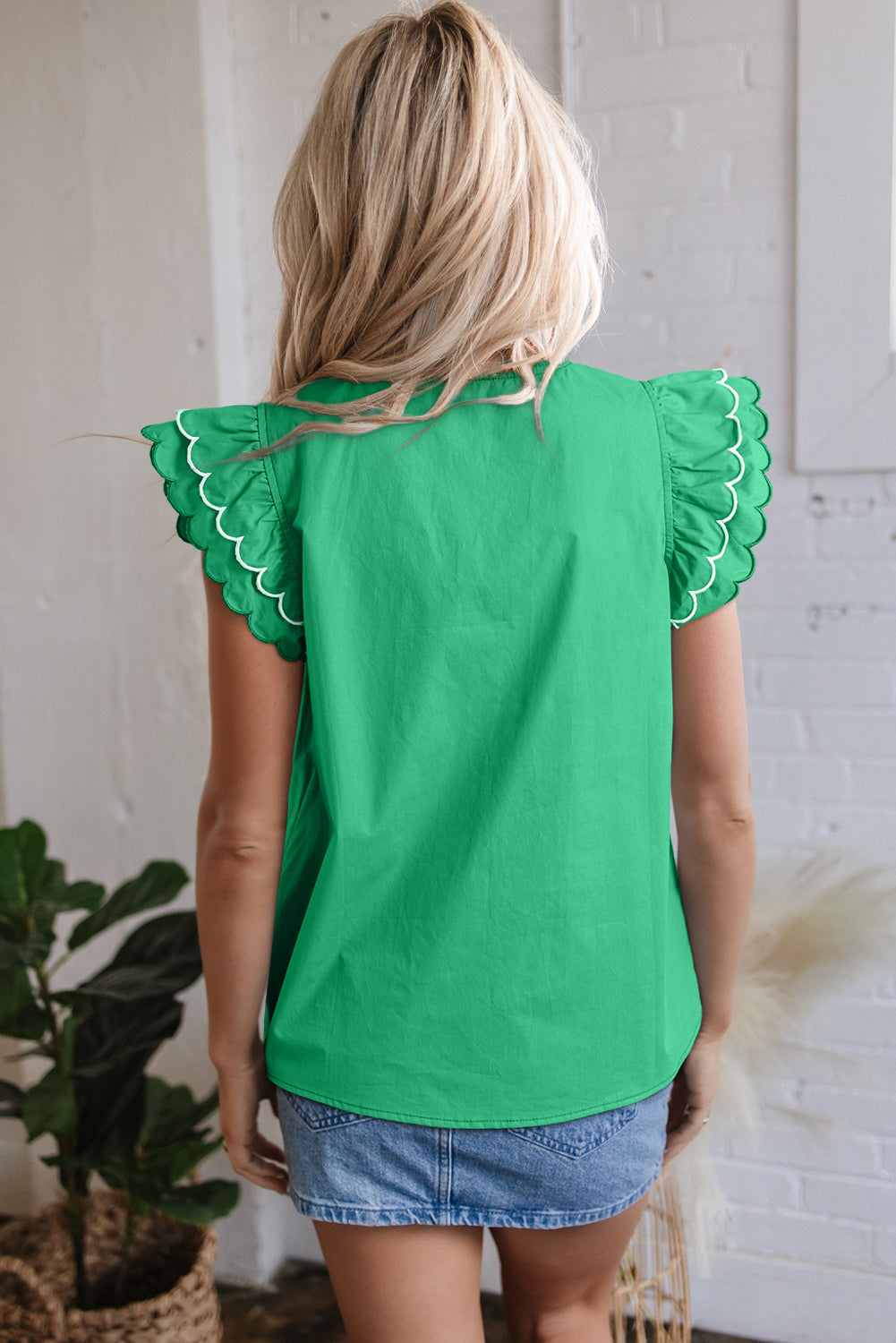Green Scallop Trim V Neck Blouse