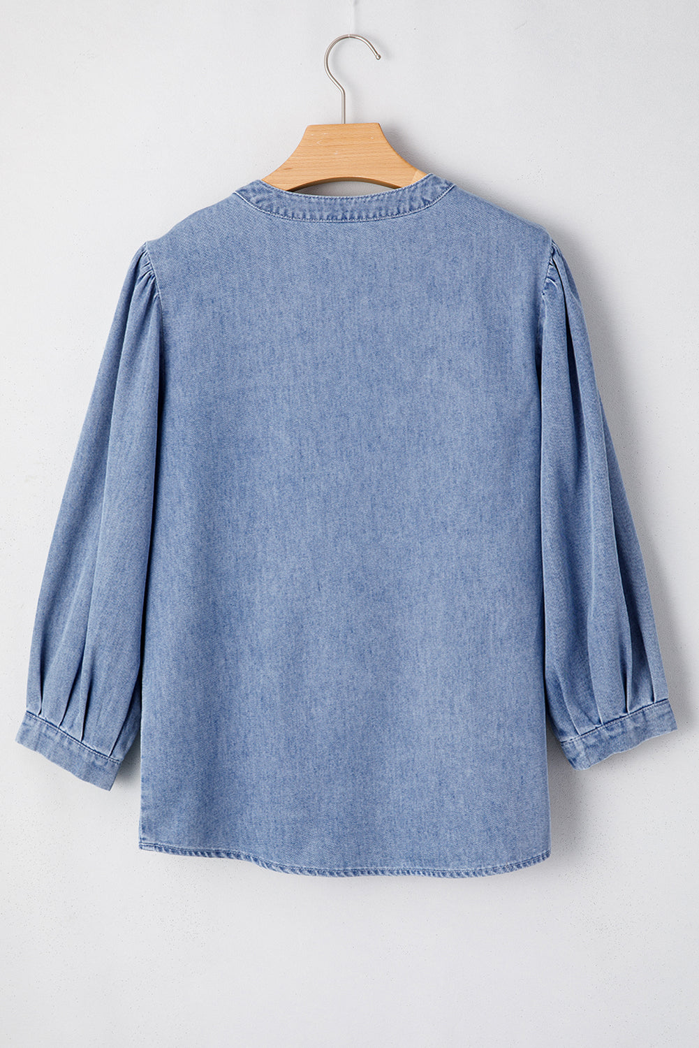 Denim Front Pintuck Bow Tie Puff Top