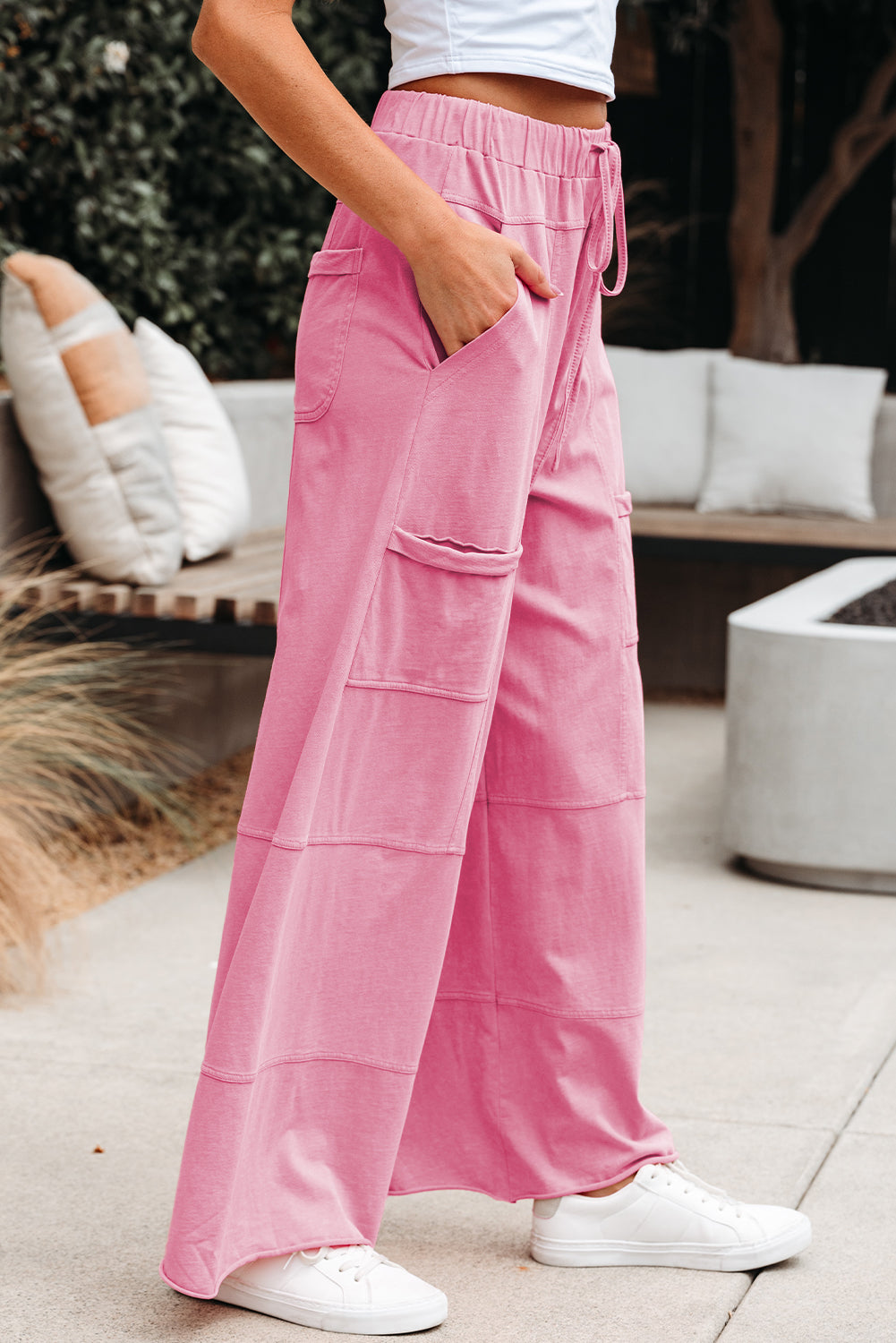 Mineral Wash Drawstring High Waist Wide Leg Cargo Pants