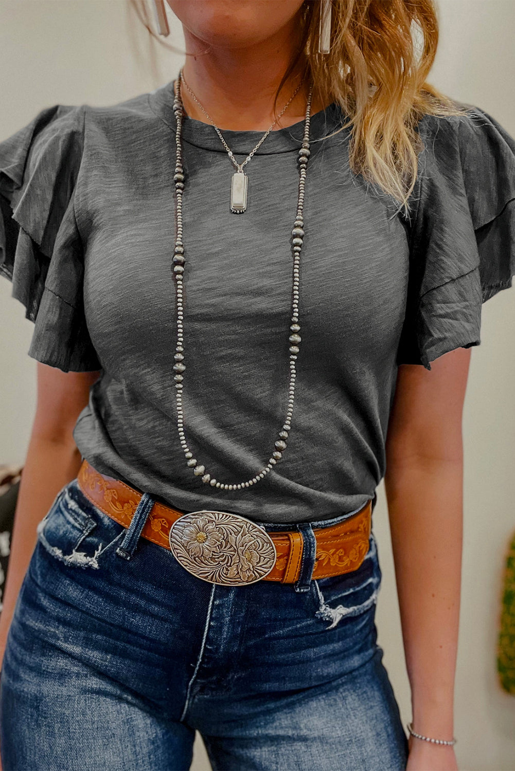 Dark Grey Ruffle Short Sleeve Top
