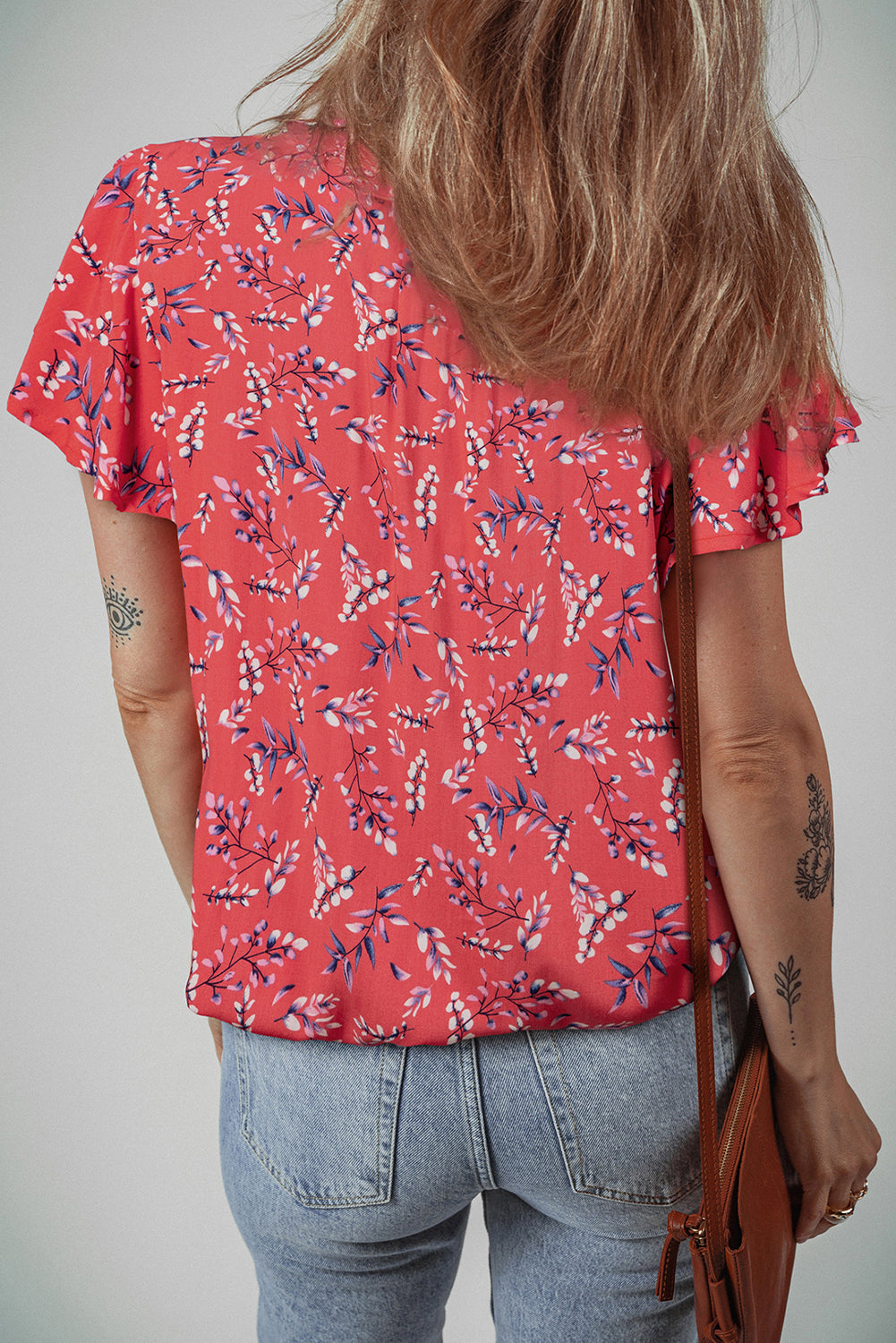 Red Floral Short Sleeve Crinkled Blouse