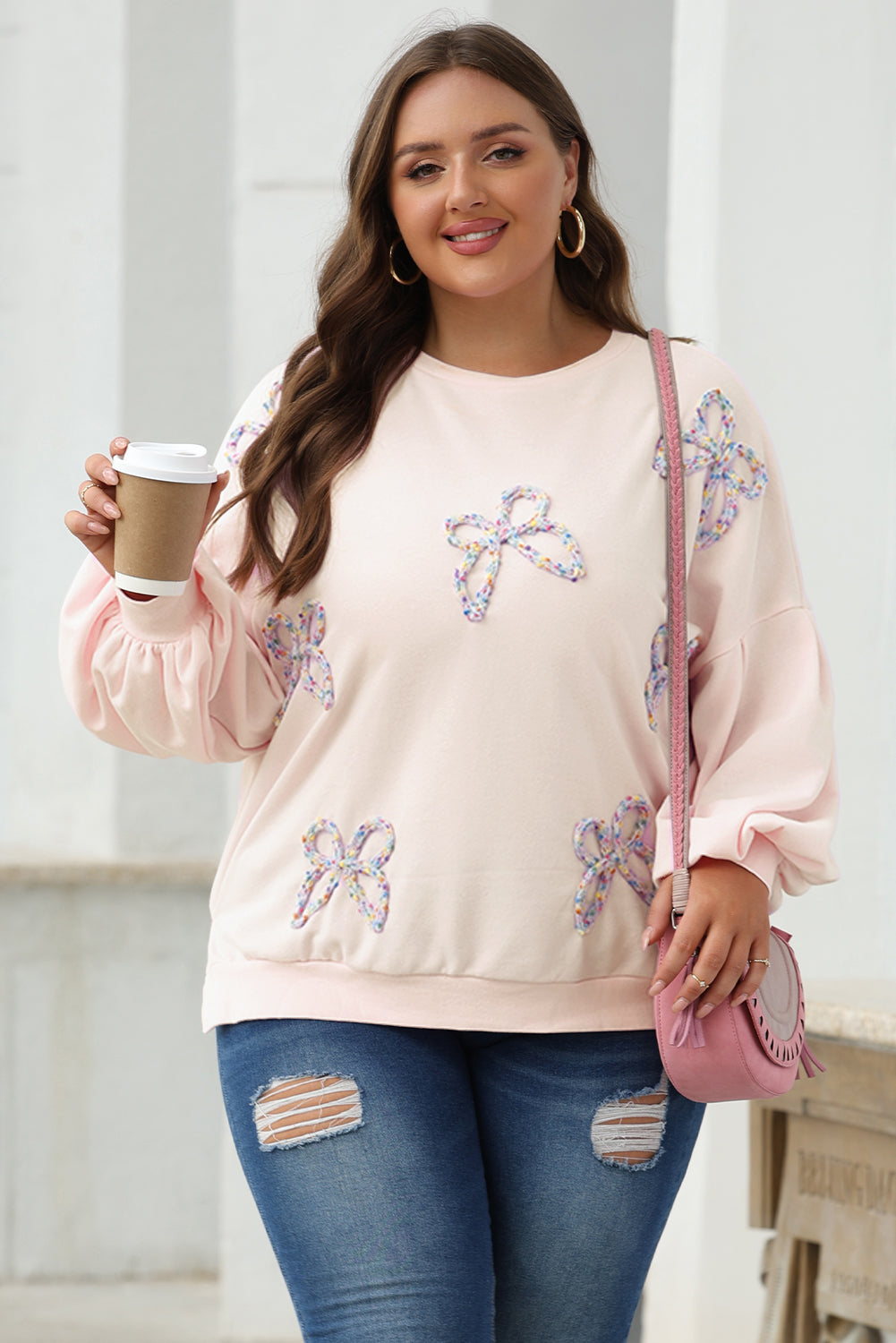 Embroidered Bow Lantern Sleeve Oversized Pullover