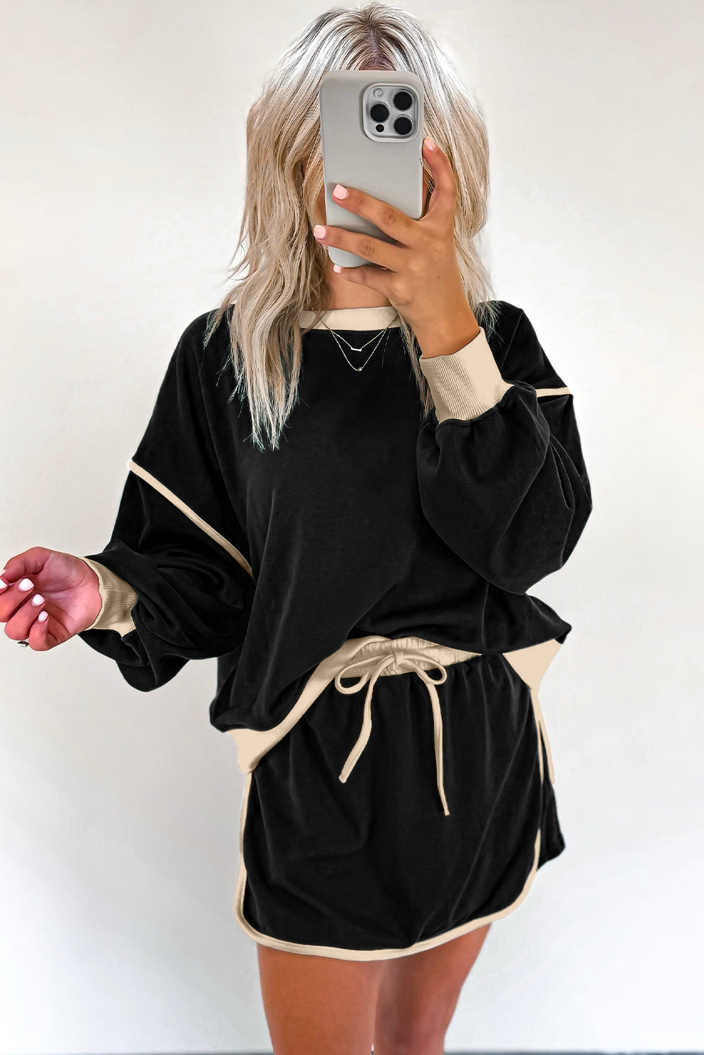 Black Color Pullover and Lace-up Waist Skort Set