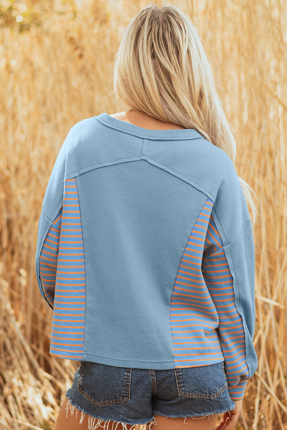 Dusk Blue Waffle Striped Patchwork Pullover