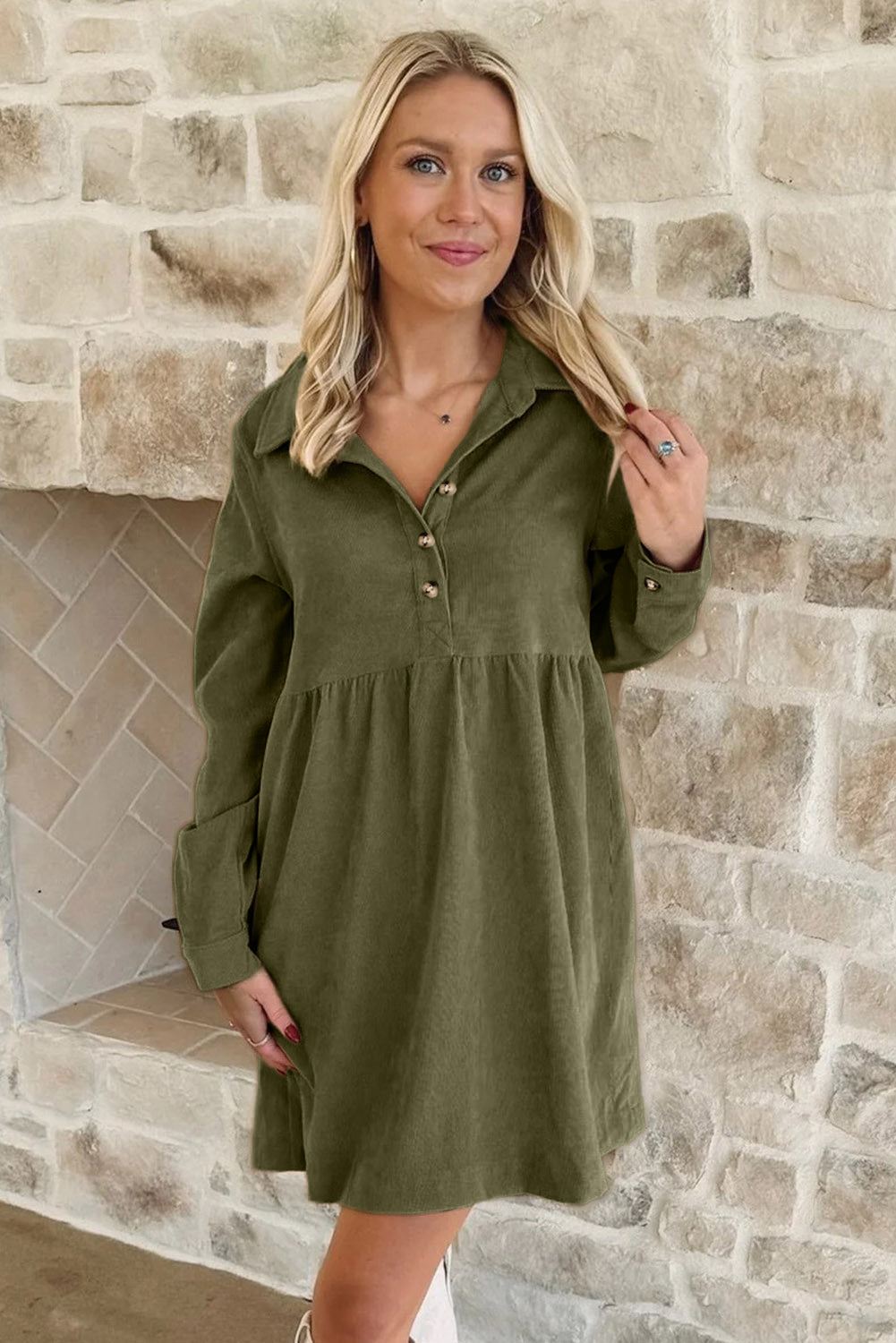 Corduroy Collared Long Sleeve Mini Dress