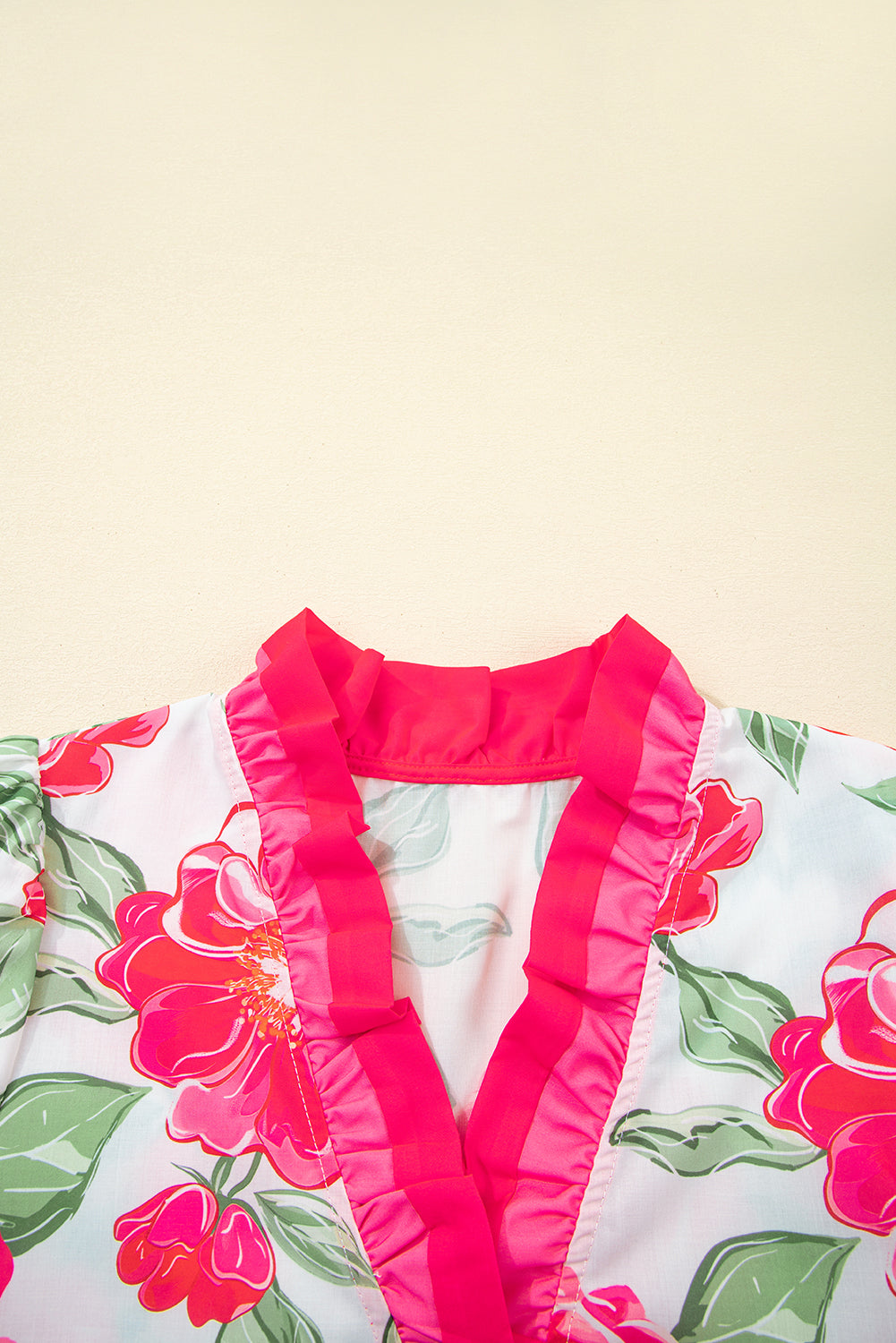 Rose Floral Frilled V Neck Short Sleeve Blouse