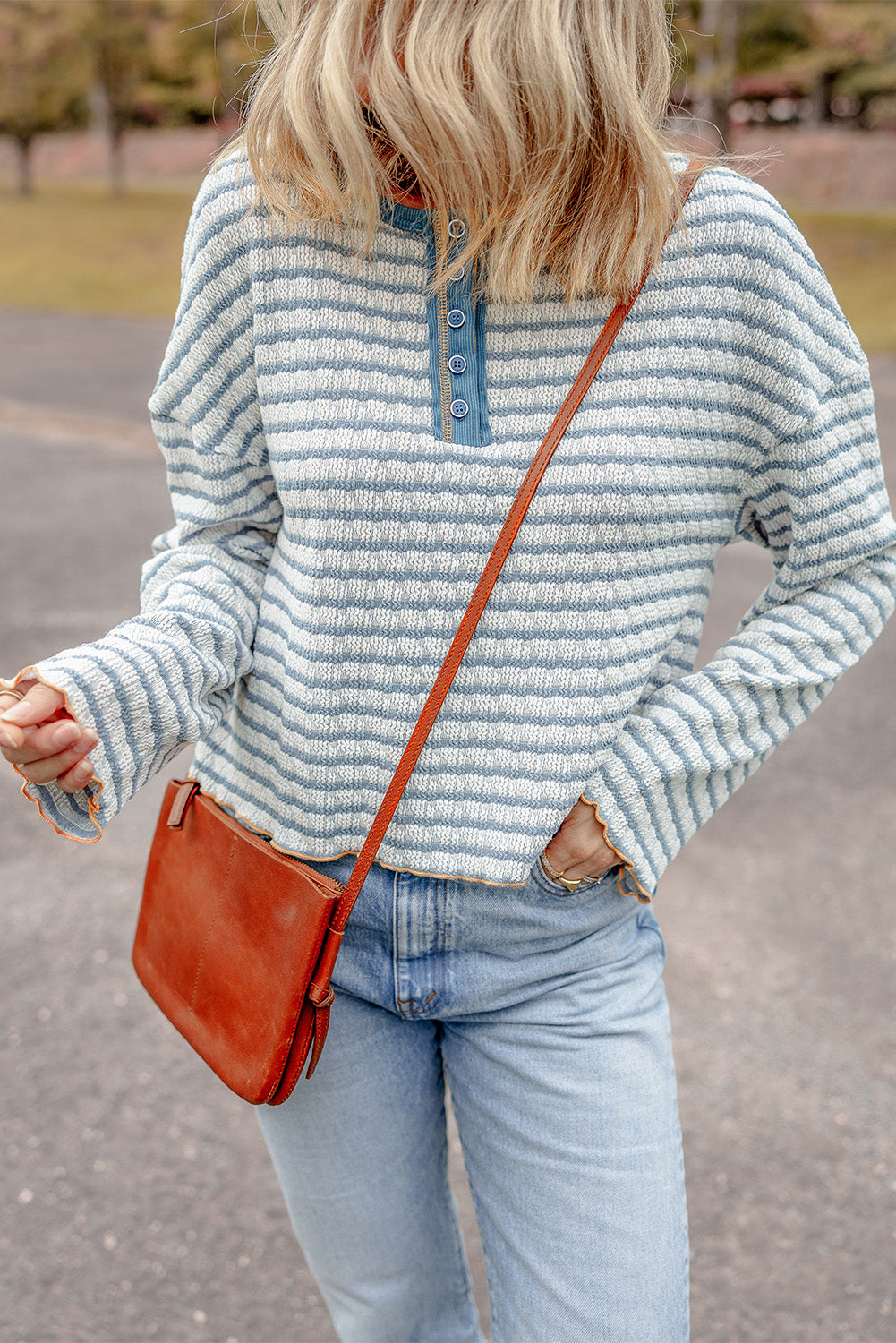Striped Textured Henley Long Sleeve Top