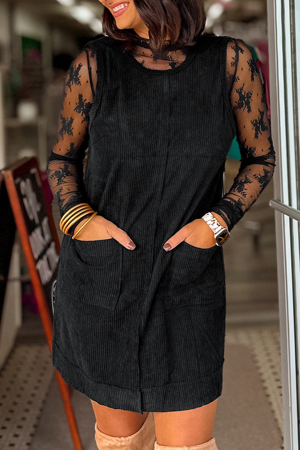 Black Corduroy Mini Dress With Pockets