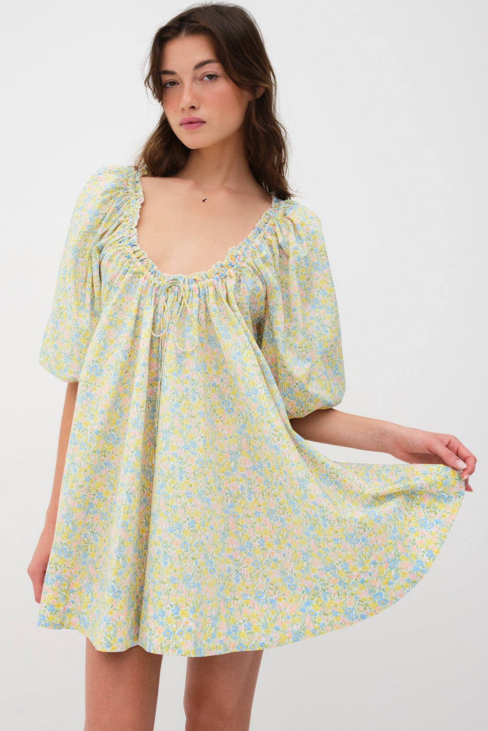 Green Floral Half Sleeve Frilled Short Dress