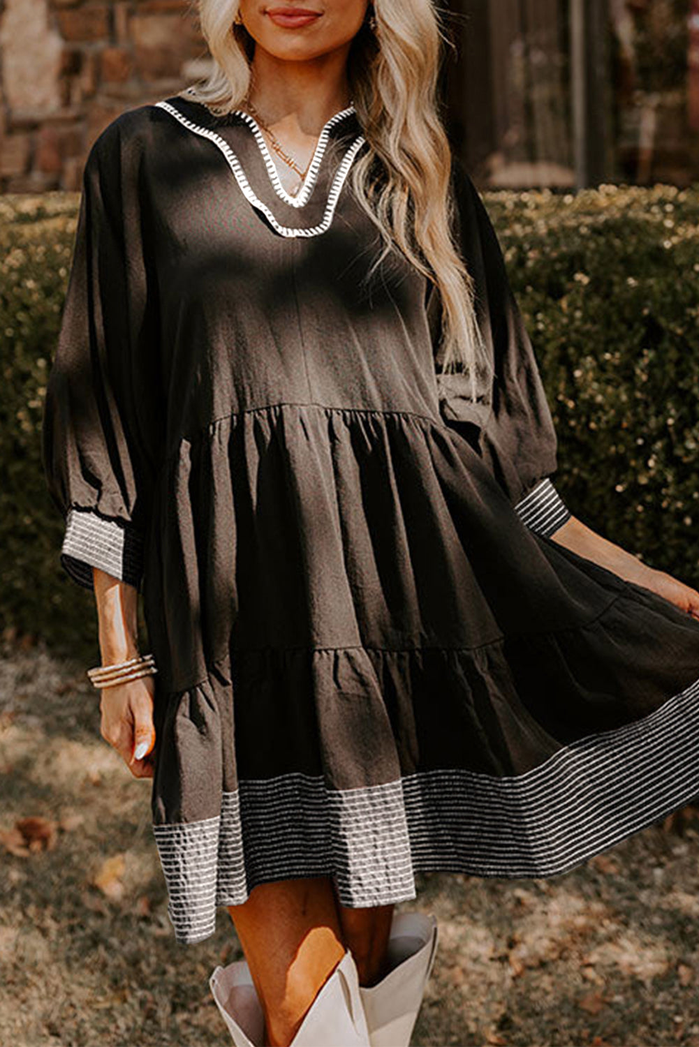 Stitch Detail Tiered Mini Dress