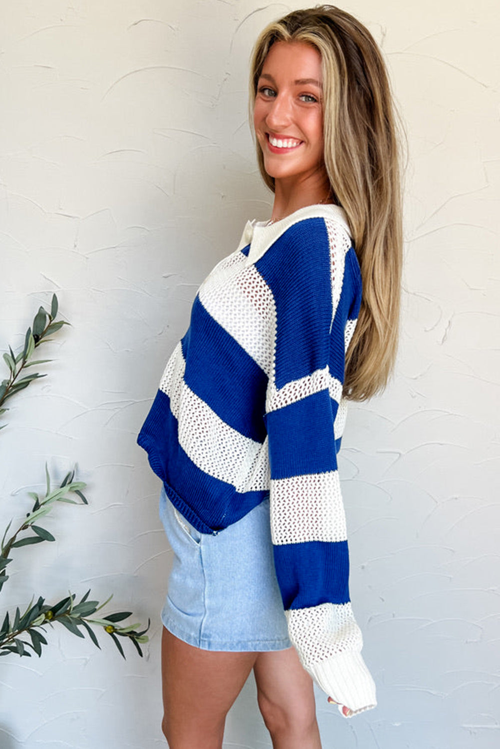 Blue Stripe Colorblock Crochet Knitted Sweater